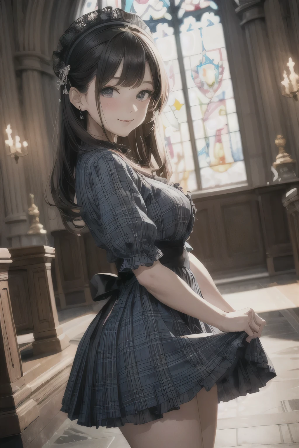 very cute and beautiful girl,(very detailed美しい顔), (smile),blush,black hair,cowboy shot,looking at the viewer, (Classic blue plaid lolita dress with detailed ruffles),Fine lace,skirt lift,(white panties), altar,church,indoor, (highest quality,masterpiece:1.2),disorganized,High resolution,super detailed,very detailed,32K,8K resolution, intricate details,movie-like scene,detailed background,alone,dynamic angle,