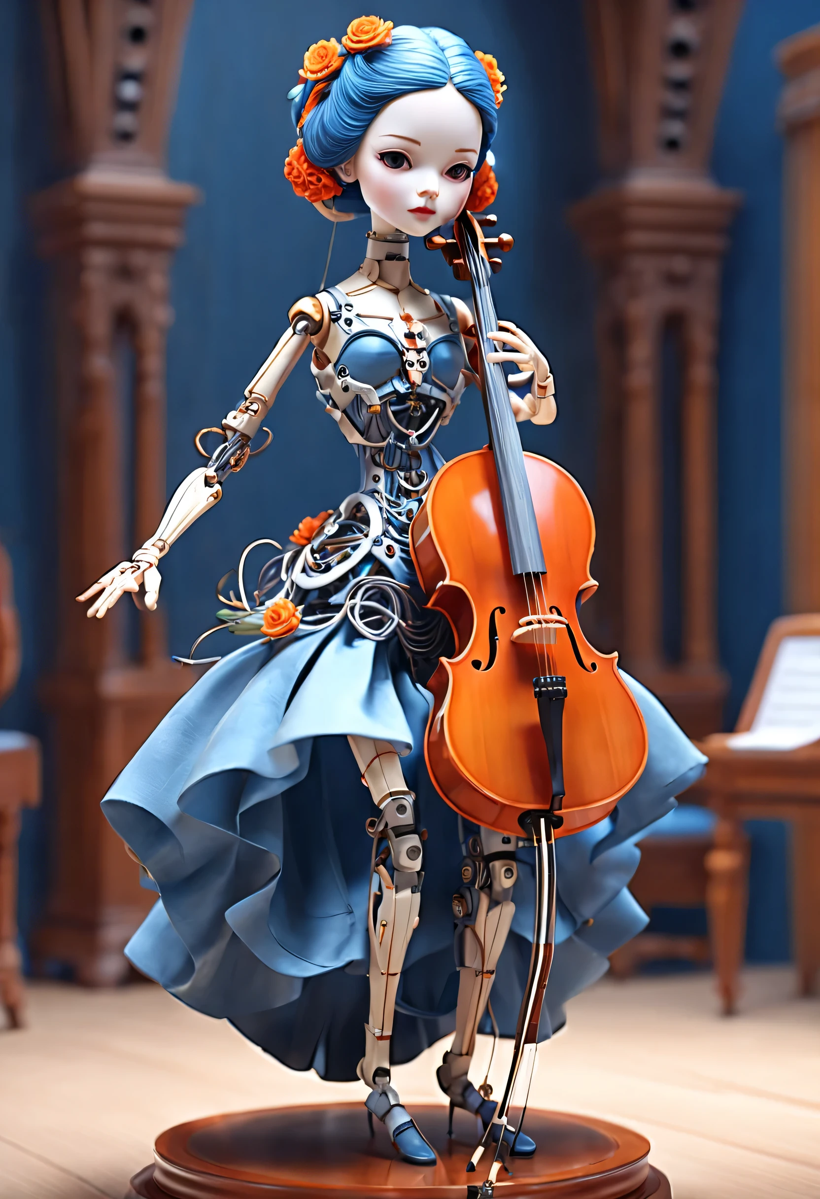 Marble sculpture style, role conception, (whole body), (A mechanical doll that plays the cello), Beautiful and meticulous, Mechanical wires hanging from the top connect the doll&#39;s fingers to the bow, Gear line connecting slender legs, (The log library of this mechanism), The key spring is inserted into the back of the doll, cute and beautiful face, Extra long red double braid, blue and orange skirt, Slender mechanical wooden arms and legs, 8k, super detailed, actual, high resolution, Ray tracing,（Lots and lots of titanium wire：0.65），background：Future Internet City Opera House