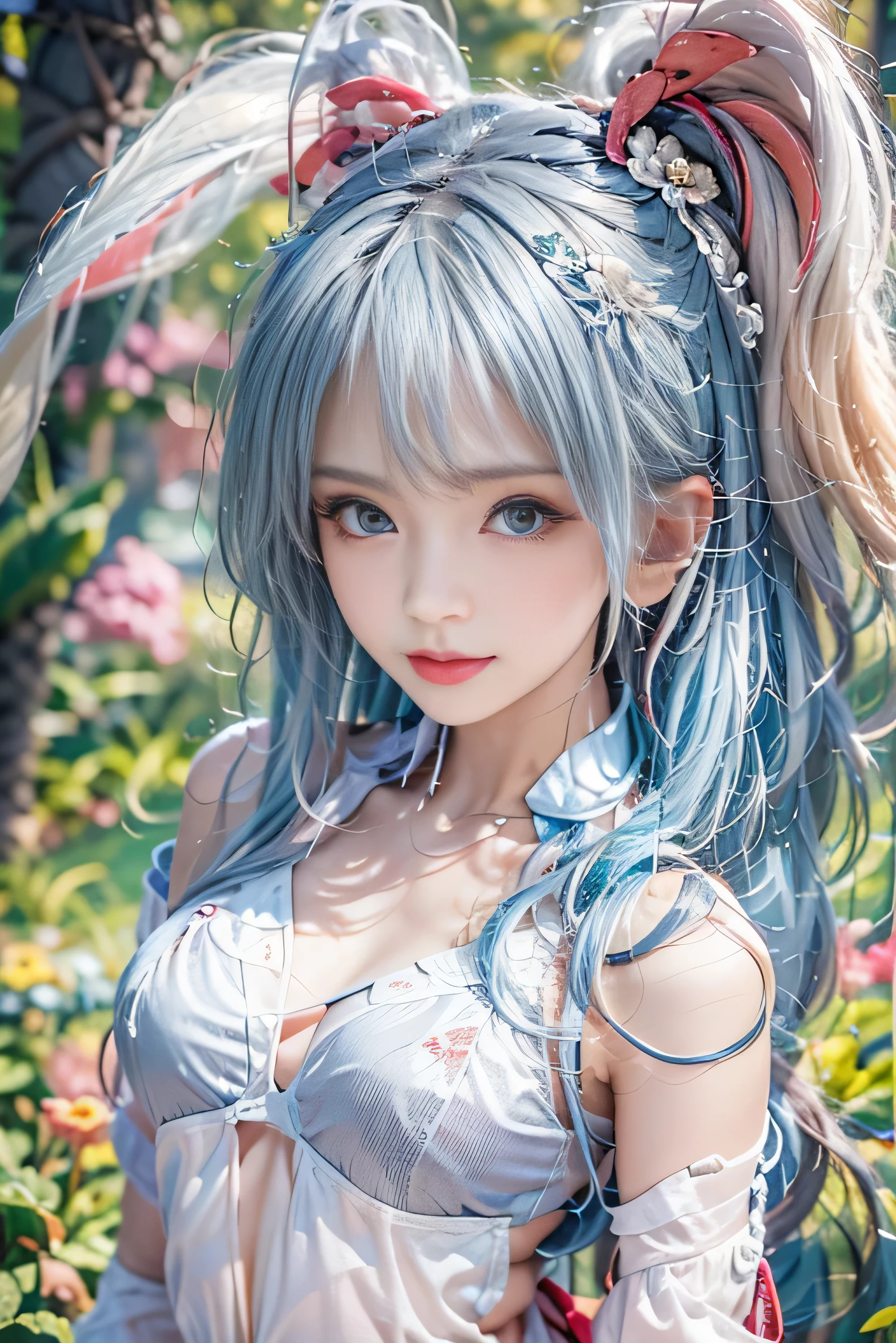 Large breasts、(high quality, masterpiece), One Girl, Twin tails、stop temporarily, particle, Wind, flower, Upper Body, Simple Background, View audience, , milky way,smile、Turquoise Eyes、（Long silver and light blue hair）、Red eyeshadow、Light pink lipstick、flower柄、Pink Sexy Lolita、Braid、Cute earrings、Wind、Crescent Moon、Dynamic pose、Looking up at the sky、Thick thighs
