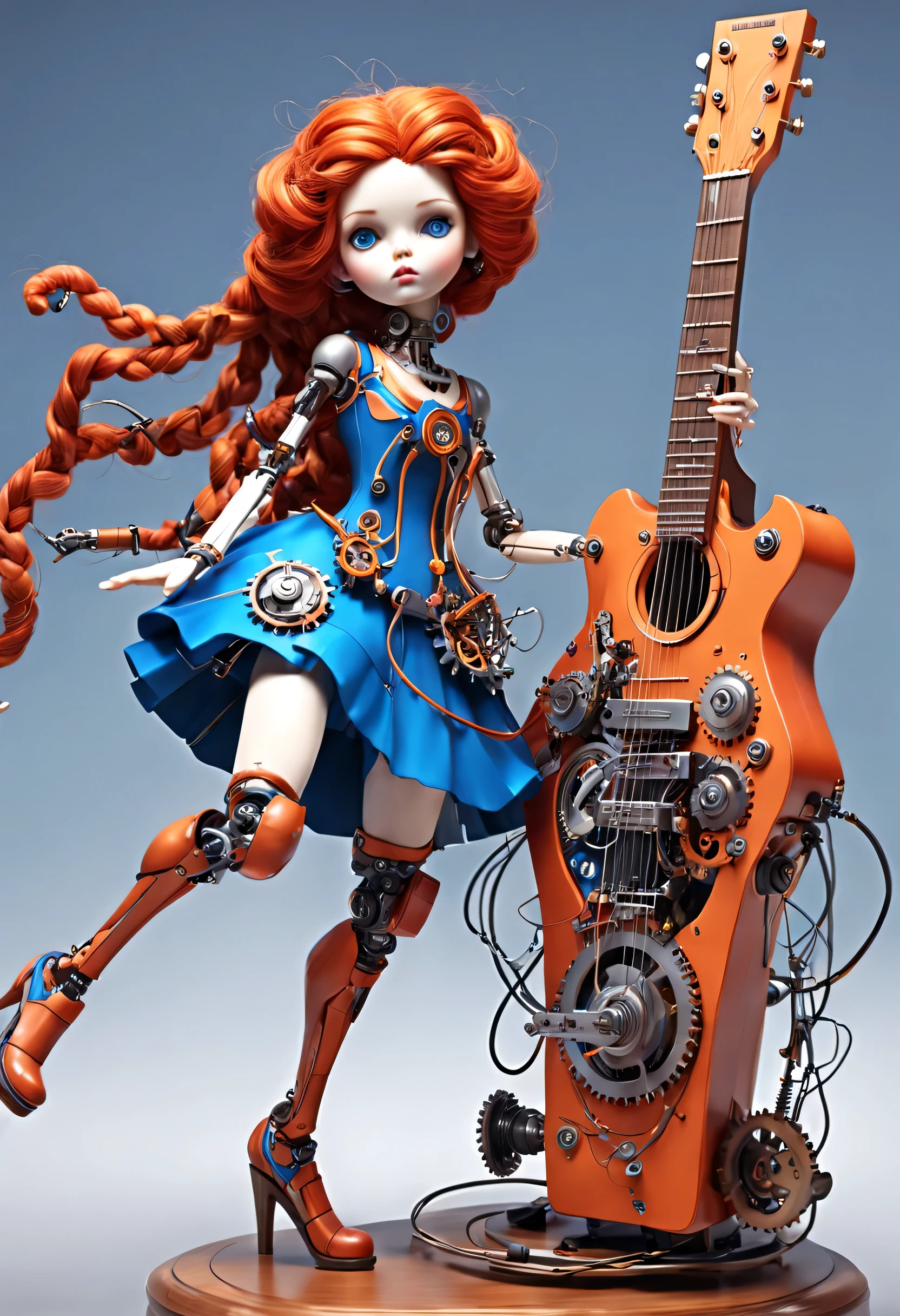 Marble sculpture style, role conception, (whole body), (A mechanical doll is enjoying playing the electric guitar), Precise and complex machinery, clockwork, gear, Mobile equipment, machine, Beautiful and meticulous, wire pull finger, Lots and lots of wires hanging from the sky，Connected to fingers and slender legs, (Wooden base glass octave sound box), cute and beautiful face, Extra long red double braid, blue and orange skirt, Slender mechanical wooden arms and legs, 8k, Ultra-fine, lifelike, high resolution, Ray tracing