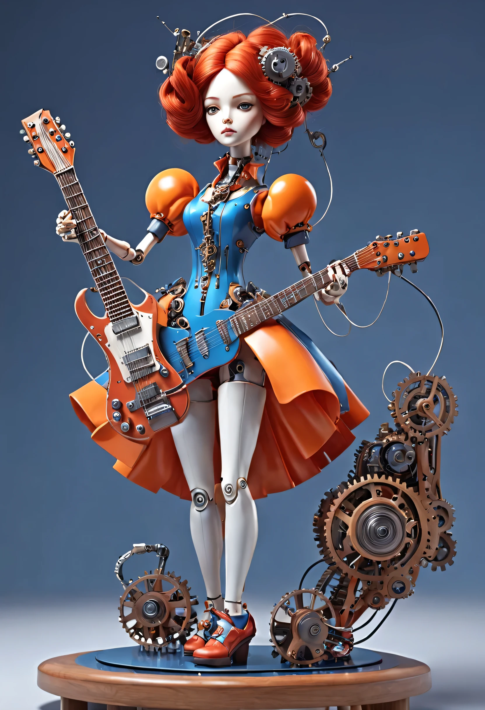 Marble sculpture style, role conception, (whole body), (A mechanical doll is enjoying playing the electric guitar), Precise and complex machinery, clockwork, gear, Mobile equipment, machine, Beautiful and meticulous, wire pull finger, Lots and lots of wires hanging from the sky,Connected to fingers and slender legs, (Wooden base glass octave sound box), cute and beautiful face, Extra long red double braid, blue and orange skirt, Slender mechanical wooden arms and legs, 8k, Ultra-fine, lifelike, high resolution, Ray tracing