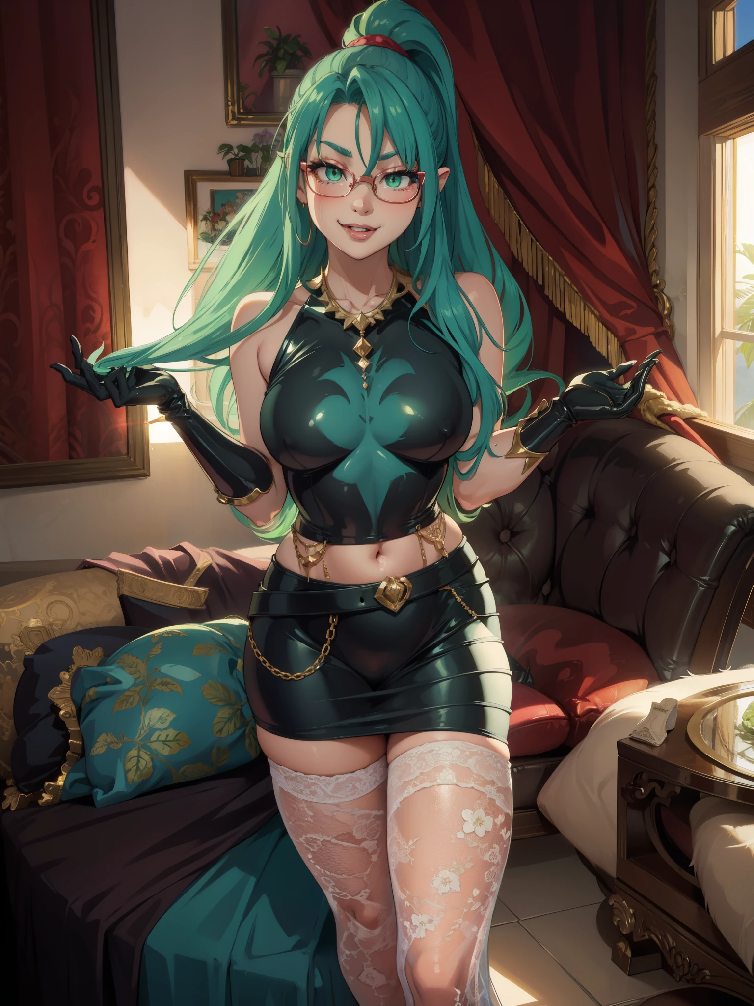 blush, smile,glowing aura, natural light, masterpiece, glossy skin, juicy lips , ,sexy, hot, evil,juicy lips hour glass, , juicy lips, , slender body, small , huge ass, green hair, ponytail ,looking up, smile, ultra detailed , , ((wavey hair)), green eyes, glasses, (((big )), wide hips, ((evil expression)), sharp eyes