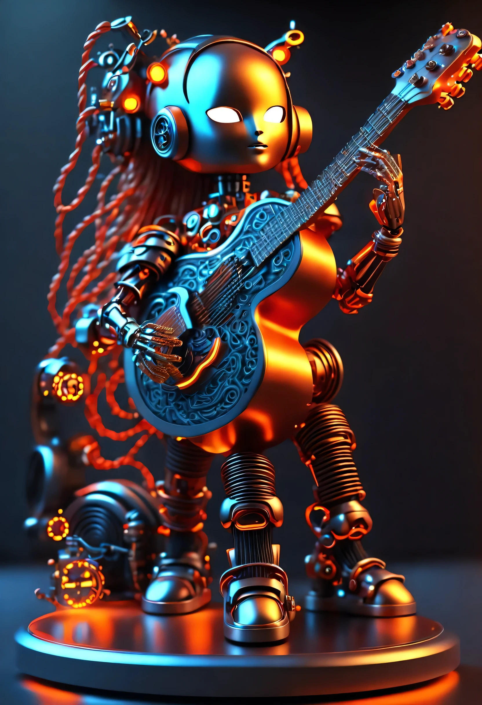 Mechanical doll design,(whole body),Marble sculpture style(Mechanical doll playing electric guitar), robot character, Beautiful and meticulous,Mechanical clockwork,gear,(Wooden mechanism base),(玻璃八音盒木rotate底座),Extra long red double braided hair,blue and orange skirt,rotate,dance,8k,Ultra-fine,lifelike,high resolution,Motion ray tracing,(Background holographic cyberpunk future modern city night scene:1.1)