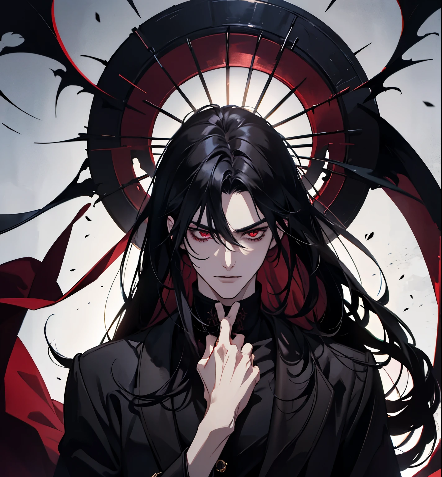 black hair, alucard, full body, beautiful male god of death, vampire fashion, detailed anime character art, male vampire of clan banu haqim, l vampire, with his long black hair, androgynous vampire, detailed 25 year old male face, ultra realistic anime, red eyes, no emotions, INTJ, intelligent, sexy, attractive, full body, tongle, no clothes, no shirt, dark background