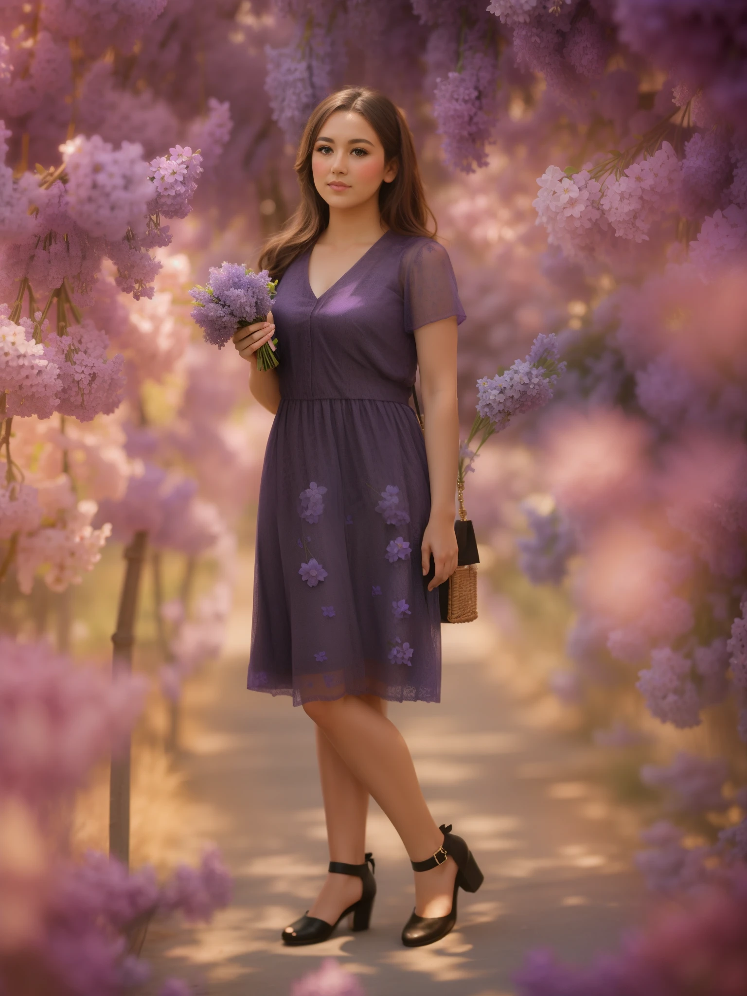 A girl stands among flowers , with a bouquet of lilacs in hands 