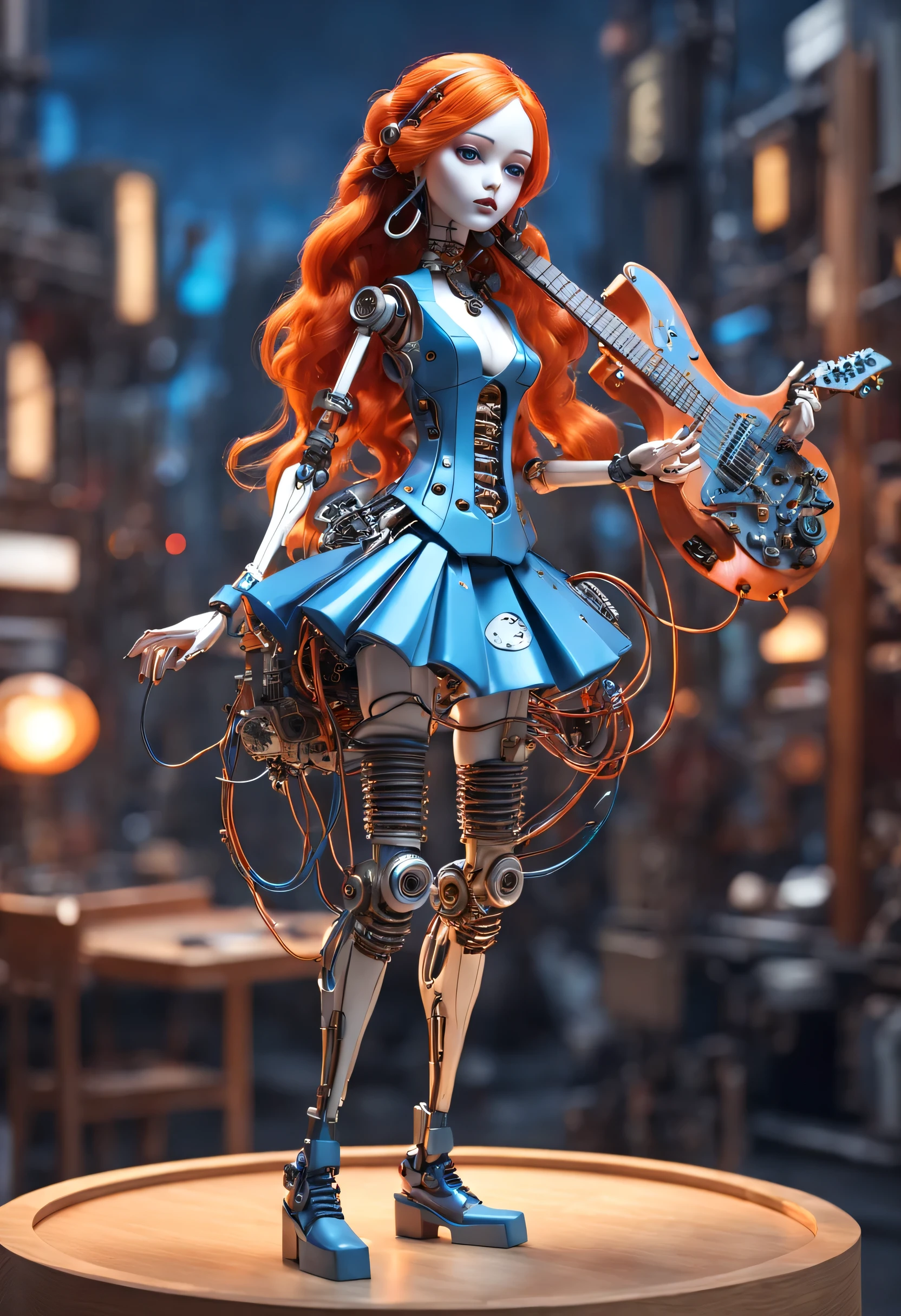 Marble sculpture style, role conception, (whole body), (A mechanical doll is enjoying playing the electric guitar), Precise and complex machinery, clockwork, gear, Mobile equipment, machine, Beautiful and meticulous, wire pull finger, Lots and lots of wires hanging from the sky,Connected to fingers and slender legs, (Wooden base glass octave sound box), cute and beautiful face, Extra long red double braid, blue and orange skirt, Slender mechanical wooden arms and legs, 8k, Ultra-fine, lifelike, high resolution, Ray tracing,Luminous advanced transparent speakers(Background holographic cyberpunk future modern city night scene:1.1)