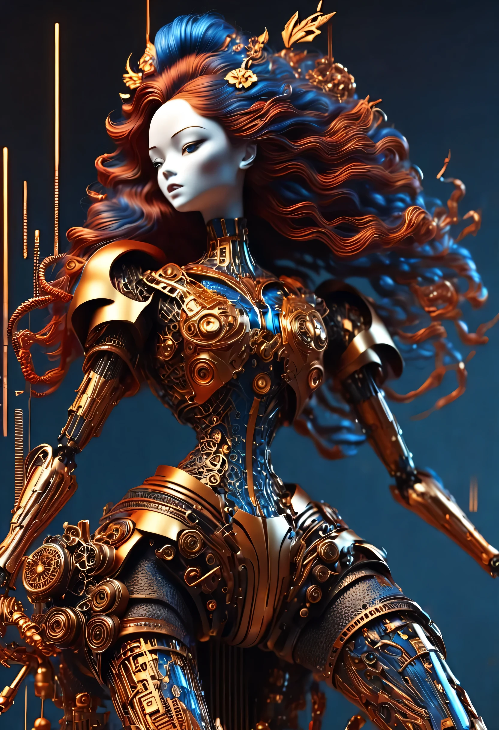 Mechanical doll design,(whole body),Marble sculpture style(Mechanical doll playing electric guitar), robot character, Beautiful and meticulous,Mechanical clockwork,gear,(Wooden mechanism base),(玻璃八音盒木rotate底座),Extra long red double braided hair,blue and orange skirt,rotate,dance,8k,Ultra-fine,lifelike,high resolution,Motion ray tracing,(Background holographic cyberpunk future modern city night scene:1.1)