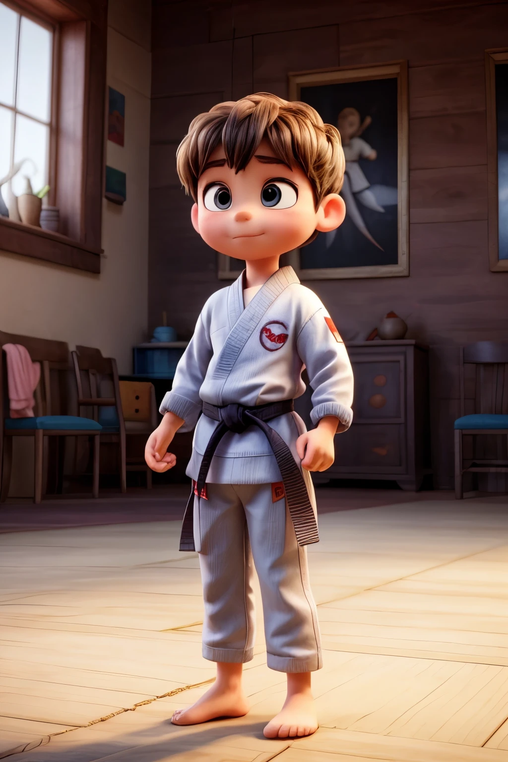 A child who practices martial arts is practicing meditation，cartoon style