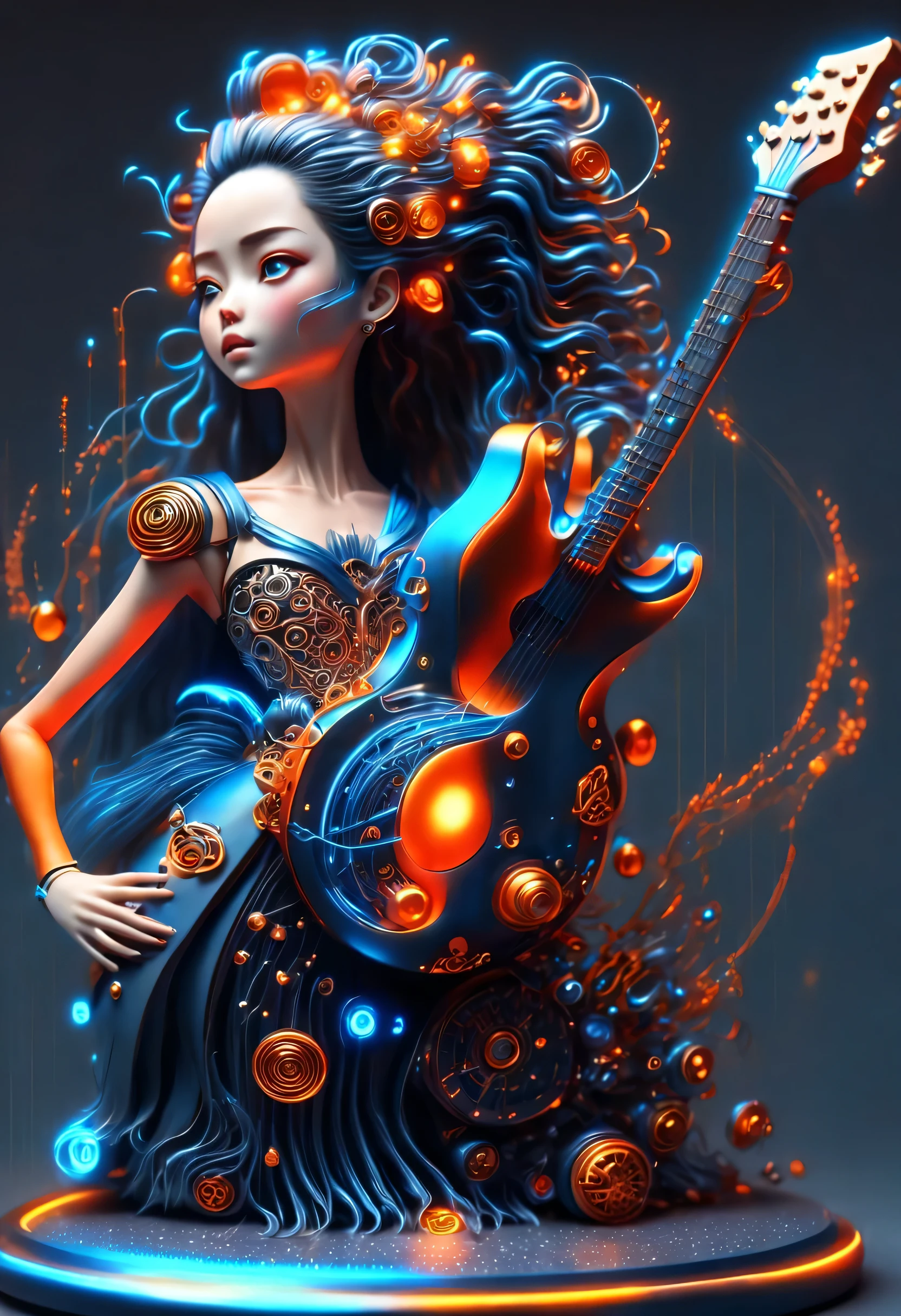 Mechanical doll design，（whole body），Marble sculpture style（Mechanical doll playing electric guitar）, robot character, Beautiful and meticulous，Mechanical clockwork，gear，（Wooden mechanism base），(玻璃八音盒木rotate底座），Extra long red double braided hair，blue and orange skirt，rotate，dance，8k，Ultra-fine，lifelike，high resolution，Motion ray tracing，（Background holographic cyberpunk future modern city night scene：1.1）