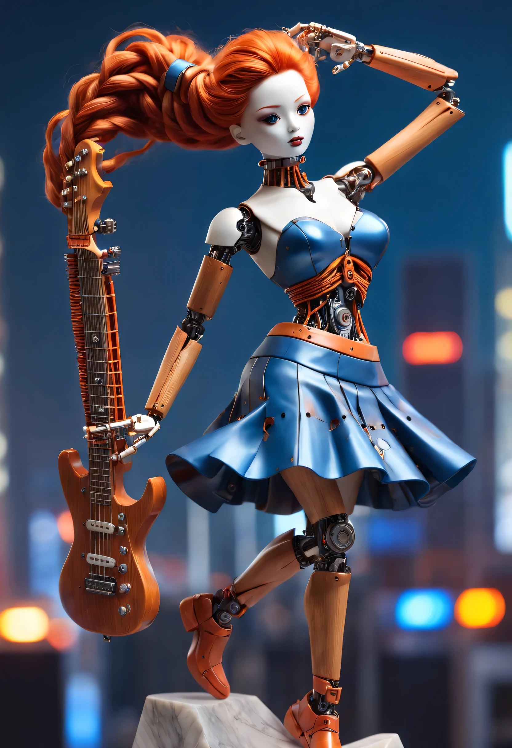 Mechanical doll design,(whole body),Marble sculpture style(Mechanical doll playing electric guitar), robot character, Beautiful and meticulous,Mechanical clockwork,gear,(Wooden mechanism base),(玻璃八音盒木rotate底座),Extra long red double braided hair,blue and orange skirt,rotate,dance,8k,Ultra-fine,lifelike,high resolution,Motion ray tracing,(Background holographic cyberpunk future modern city night scene:1.1)