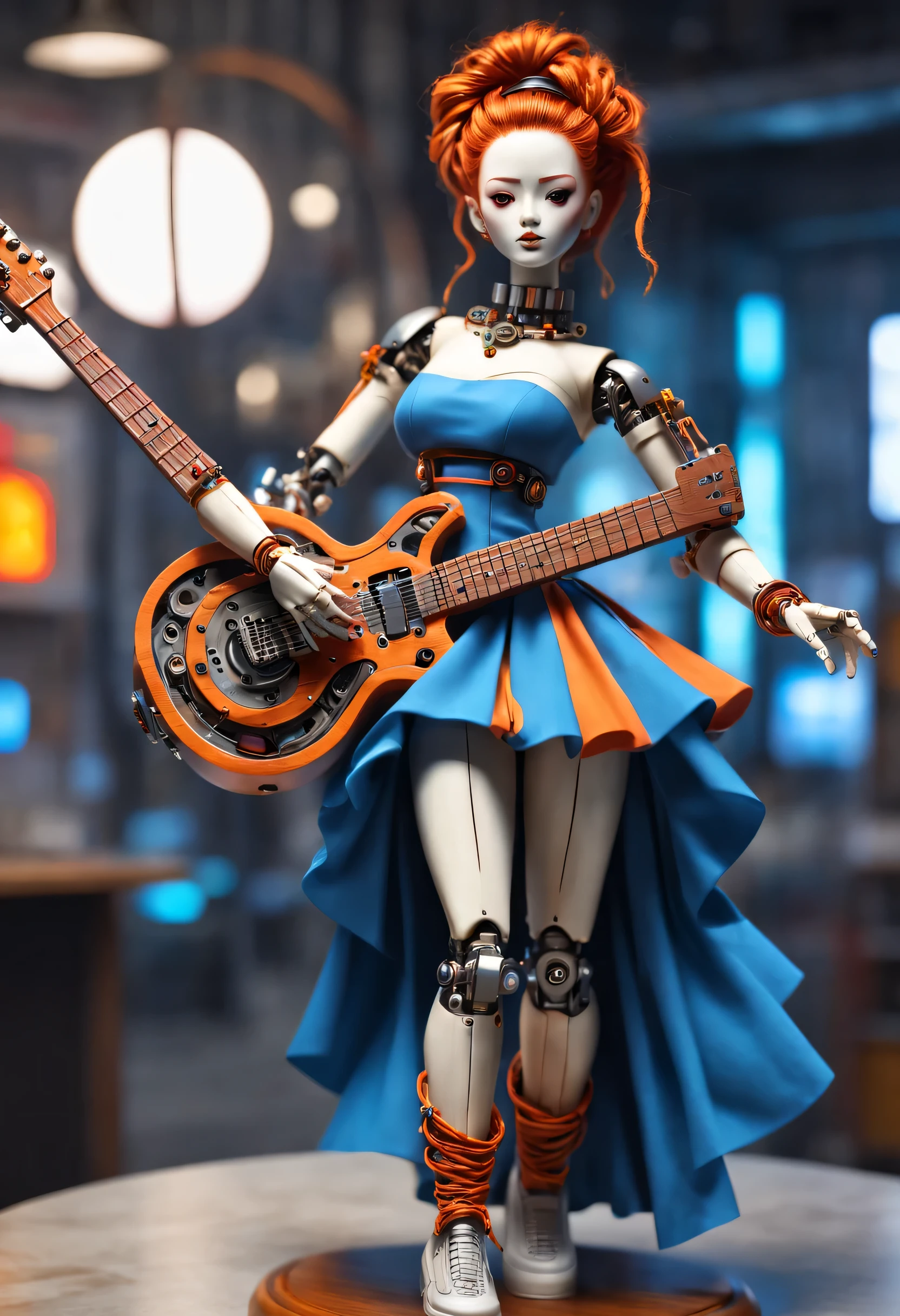 Mechanical doll design，（whole body），Marble sculpture style（Mechanical doll playing electric guitar）, robot character, Beautiful and meticulous，Mechanical clockwork，gear，（Wooden mechanism base），(玻璃八音盒木rotate底座），Extra long red double braided hair，blue and orange skirt，rotate，dance，8k，Ultra-fine，lifelike，high resolution，Motion ray tracing，（Background holographic cyberpunk future modern city night scene：1.1）