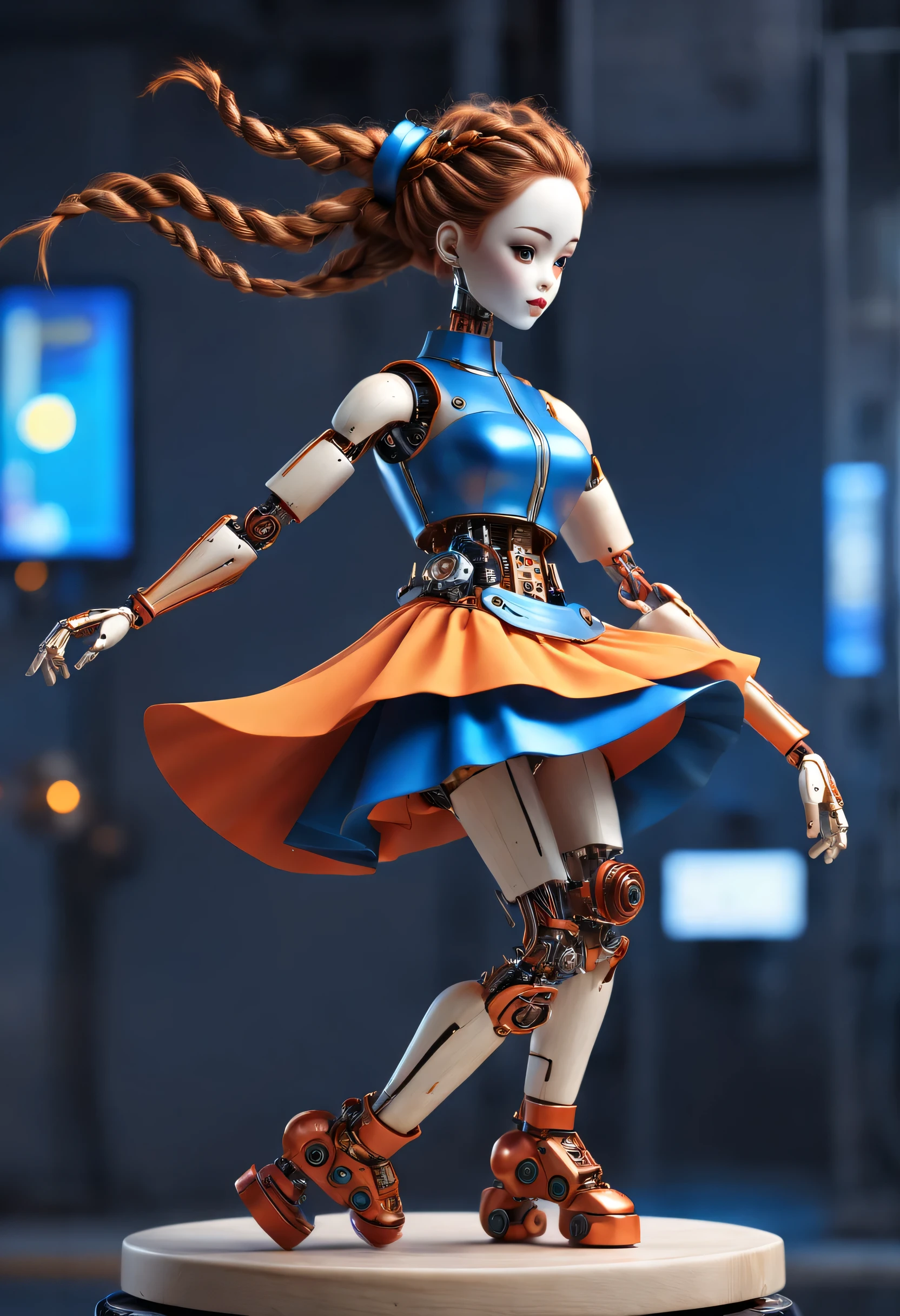 Mechanical doll design,(whole body),Marble sculpture style(Mechanical doll playing electric guitar), robot character, Beautiful and meticulous,Mechanical clockwork,gear,(Wooden mechanism base),(玻璃八音盒木rotate底座:0.9),Extra long red double braided hair,blue and orange skirt,rotate,dance,8k,Ultra-fine,lifelike,high resolution,Motion ray tracing,(Background holographic cyberpunk future modern city night scene)