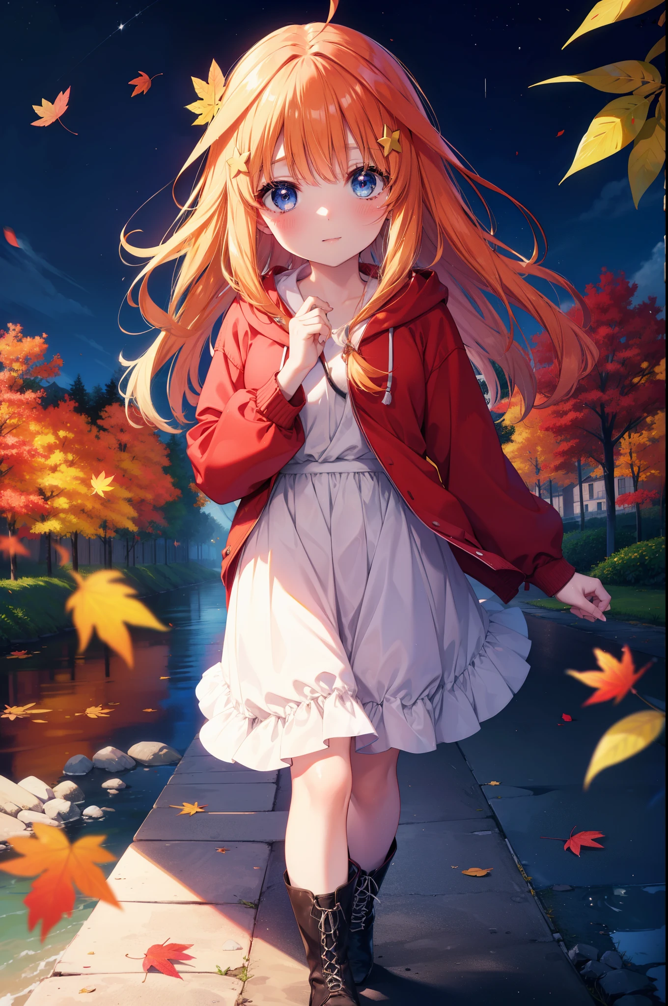 itsukinakano, Itsuki Nakano, bangs, blue eyes, hair between eyes, Ahoge, redhead, star \(symbol\), hair ornaments, star hair ornaments,smile,blush,short braided hair,long hair,Red hoodie,white long skirt,short boots,Tsukimi,moonlight,night,Autumn leaves are scattered,walking,Autumn foliage season,autumn,
break outdoors, garden,
break (masterpiece:1.2), highest quality, High resolution, unity 8k wallpaper, (figure:0.8), (detailed and beautiful eyes:1.6), highly detailed face, perfect lighting, Very detailed CG, (perfect hands, perfect anatomy),