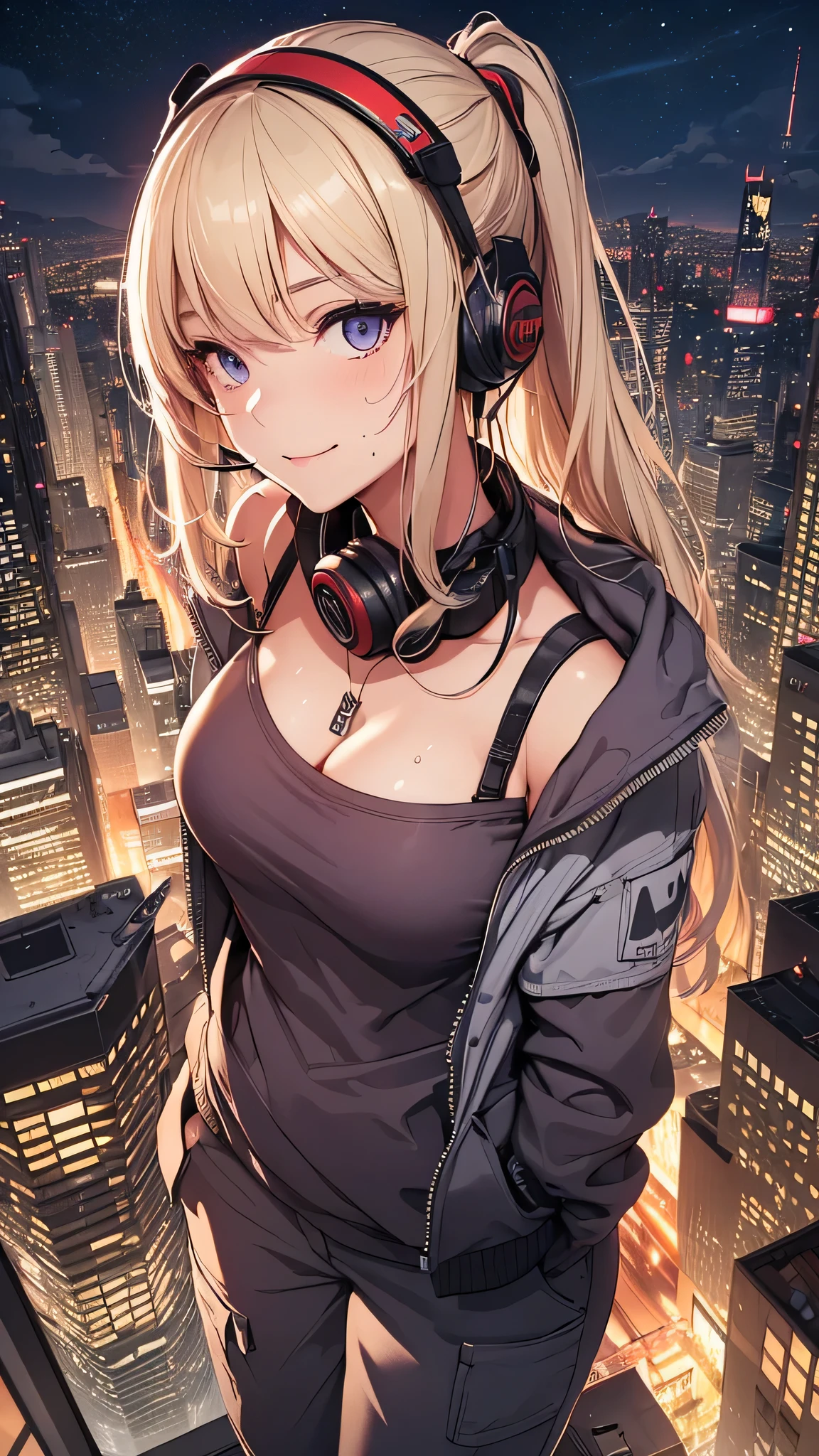 最high quality、best image quality、masterpiece、girl((20-year-old、 By becoming、vest bust、medium bust,wide open breast tea、shining eyes, blonde、long hair、thin,highest valley、ponytail、action of looking up、Black and purple hoodie with a wide open chest、short belly sports pants、cool pose、holding a black smartphone、sweating、smile、forward leaning movement、earphone、Get closer)),high quality、beautiful art、background((Rooftop with great atmosphere at night、beautiful illumination))、Flight、debris flies、Depth of written boundary、movie、visual art、perfect art、8k,genuine、
