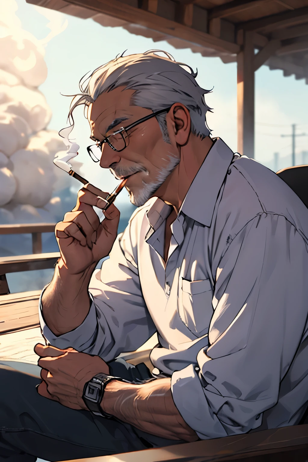 An old man with glasses smoking a cigarette filled with smoke