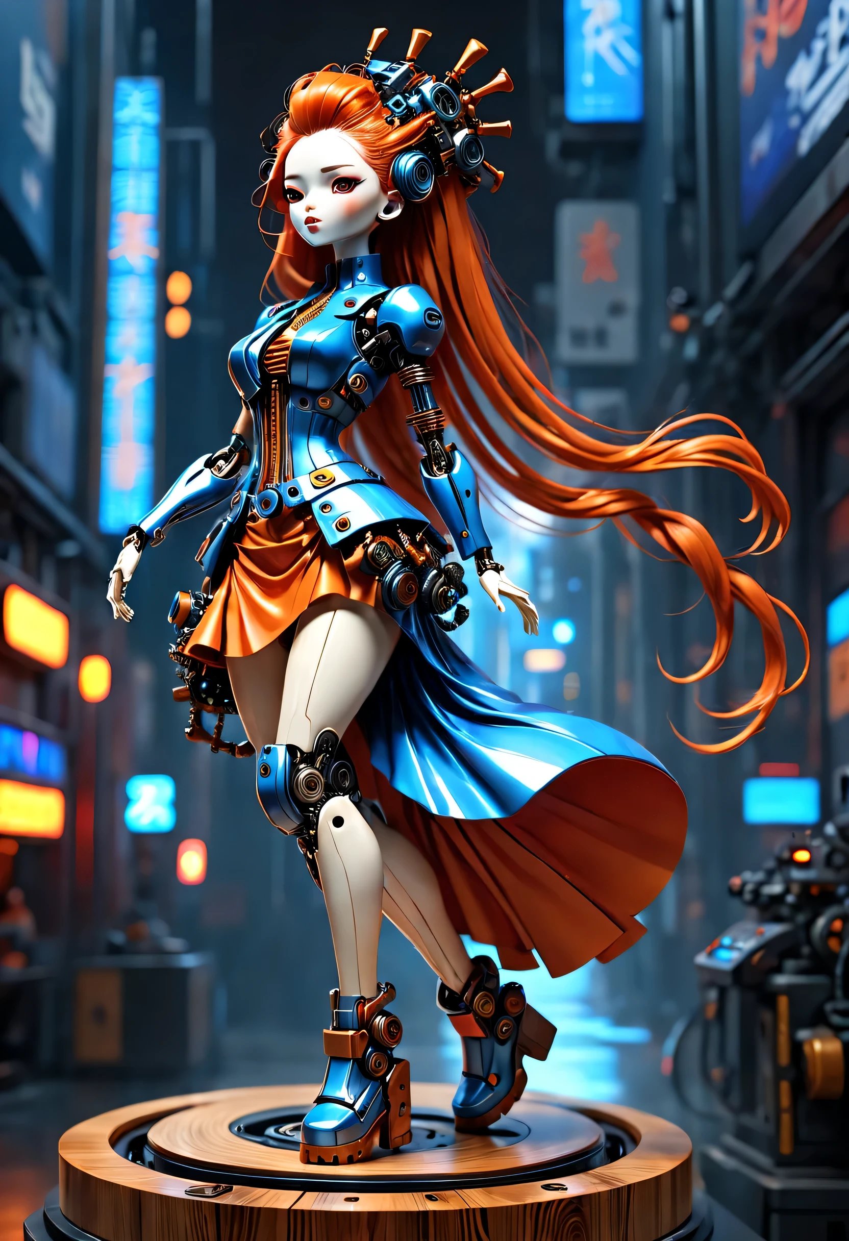Mechanical doll design，（whole body），Marble sculpture style（Mechanical doll playing electric guitar）, robot character, Beautiful and meticulous，Mechanical clockwork，gear，（Wooden mechanism base），(玻璃八音盒木rotate底座），Extra long red double braided hair，blue and orange skirt，rotate，dance，8k，Ultra-fine，lifelike，high resolution，Motion ray tracing，（Background holographic cyberpunk future modern city night scene：1.1）