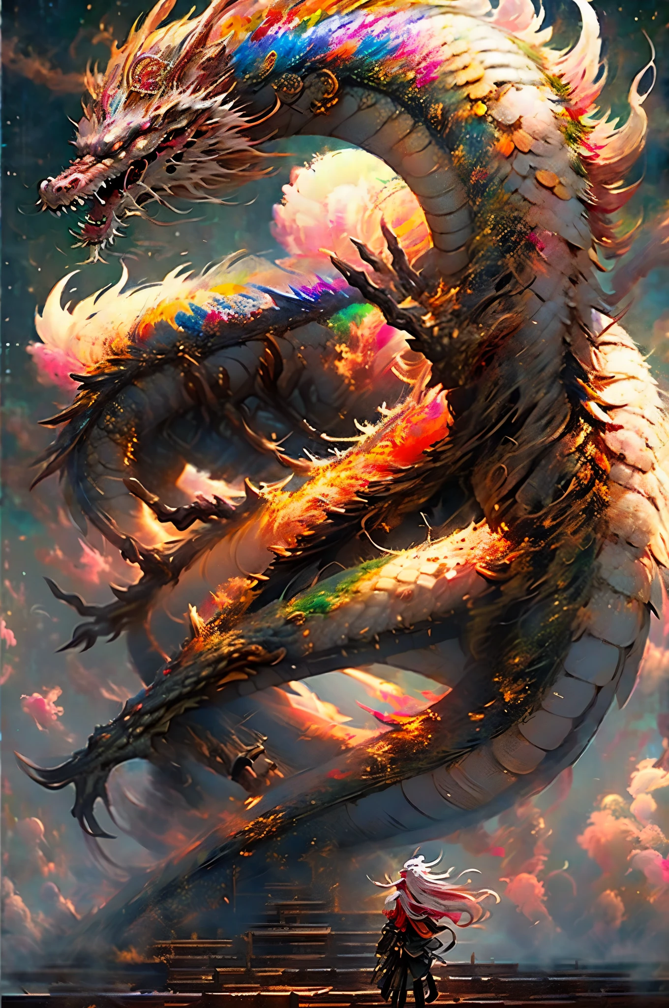 The Chinese White Divine Dragon soared into the air,(Girl manipulates dragons:1.3),(The girl has her back to the camera:1.3),Sky clouds surround the surroundings,Light magic,Fantastic background,Meaning background,Ridiculous background,There are artistic overlayulticolored hair, surrealism, Cinematic lighting, Ray tracing, god light, speed-line, angle of view, hyper HD, Masterpiece, Best quality, Super detail, A high resolution, High quality,(Far view:1.3)