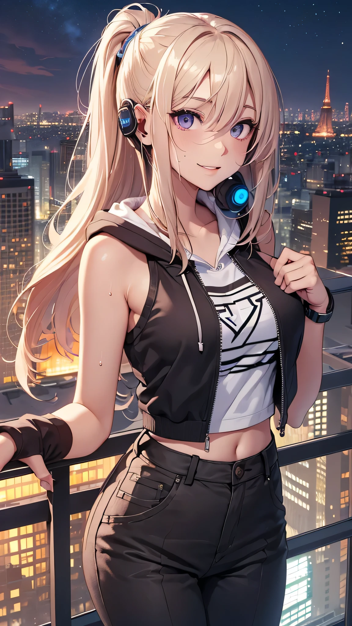 最high quality、best image quality、masterpiece、girl((20-year-old、 By becoming、vest bust、medium bust,wide open breast tea、shining eyes, blonde、long hair、thin,highest valley、ponytail、action of looking up、Black and purple hoodie with a wide open chest、short belly sports pants、cool pose、holding a black smartphone、sweating、smile、forward leaning movement、earphone、Get closer)),high quality、beautiful art、background((Rooftop with great atmosphere at night、beautiful illumination))、Flight、debris flies、Depth of written boundary、movie、visual art、perfect art、8k,genuine、