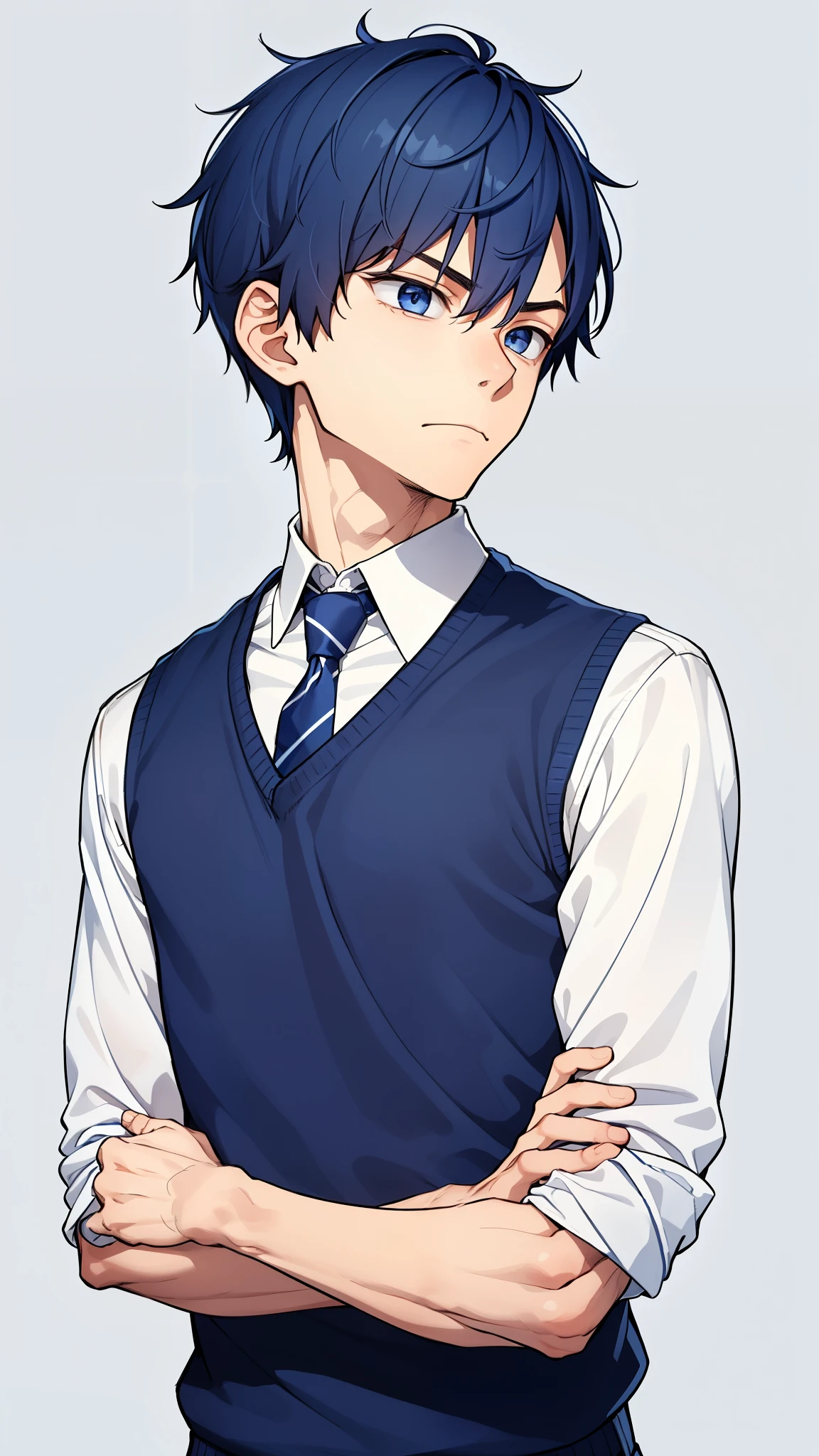1 boy, alone, Upper body,
blue hair, short hair dark blue eyes, Distracting,
cool, Uniform with folded arms, navy blue sweater, tie white background, simple background