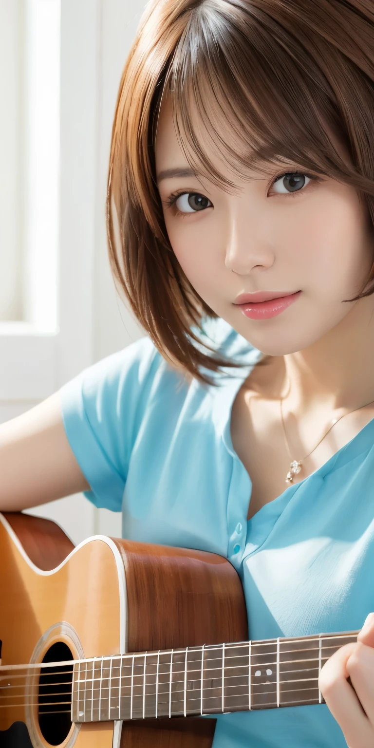masterpiece、highest quality、High resolution、table top、wallpaper、realistic、bright lighting、professional lighting、face light、smooth lighting、japanese woman、adult、Beautiful woman、acted、gravure、sexy、poor、super beautiful、beautiful skin、beautiful and detailed eyes、detailed face、slim、medium、short hair、brunette colored hair、brown eyes、look at the camera、play the guitar、