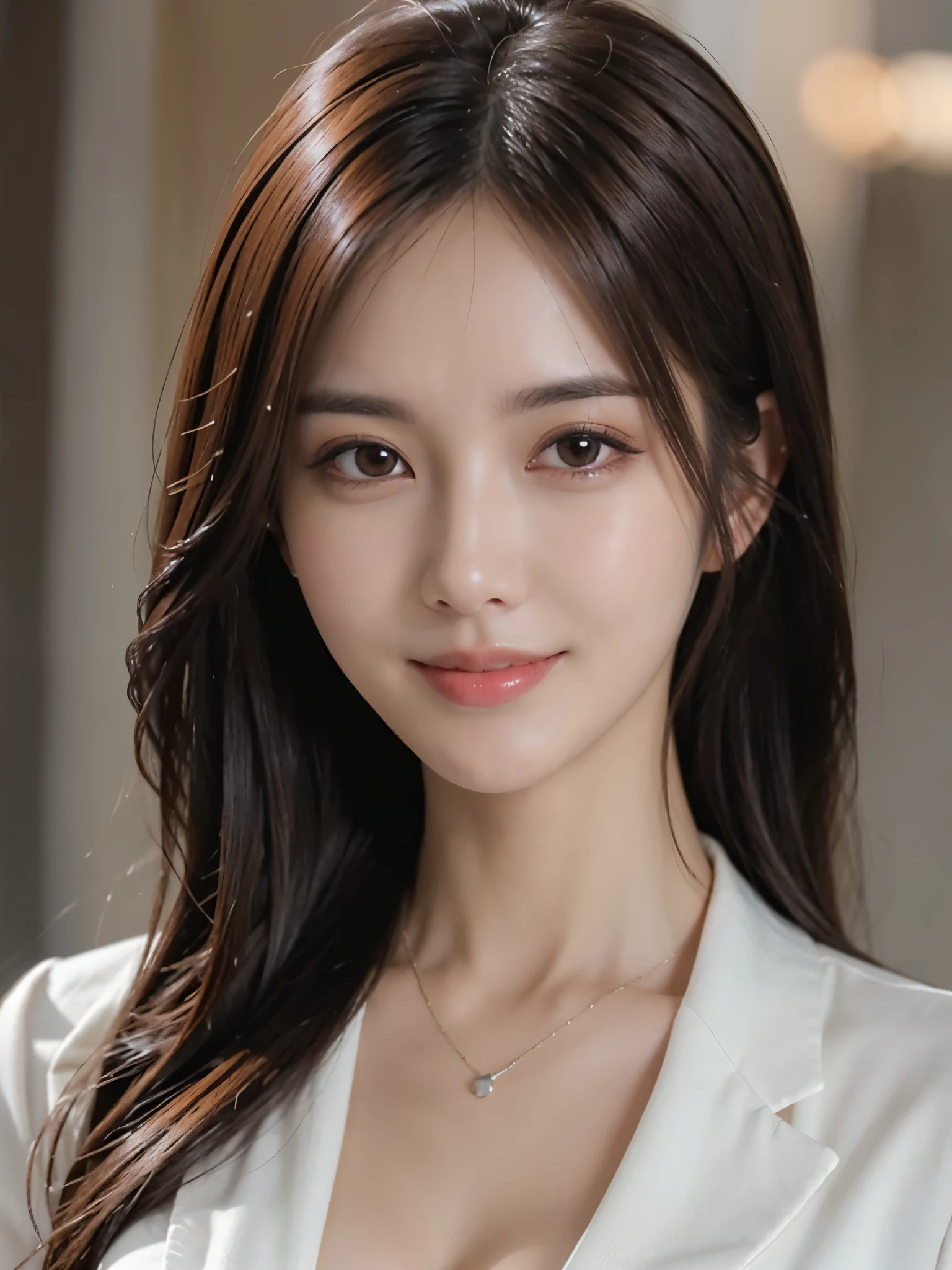 masutepiece, Best Quality, Photorealistic, Ultra-detailed, finely detail, High resolution, 8K Wallpaper, 1 beautiful woman,, light brown messy hair, in a business suit, sharp focus, Perfect dynamic composition, Beautiful detailed eyes, detailed hairs, Detailed realistic skin texture, Smiling, Close-up portrait, Model body type
