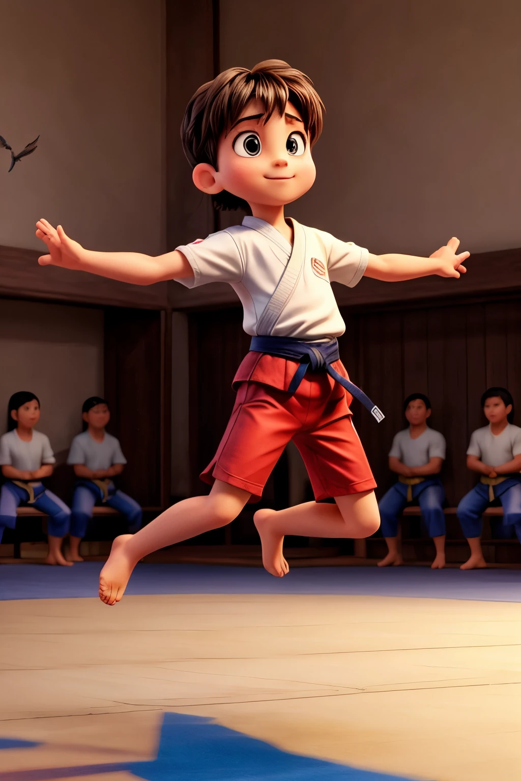 "The boy triumphantly executes the judo move in the final match, flipping his opponent onto the mat. Despite his one arm, The audience in the background is captured mid-cheer, with expressions of surprise and admiration. The boy's face shows a mix of focus and realization of his own strength."