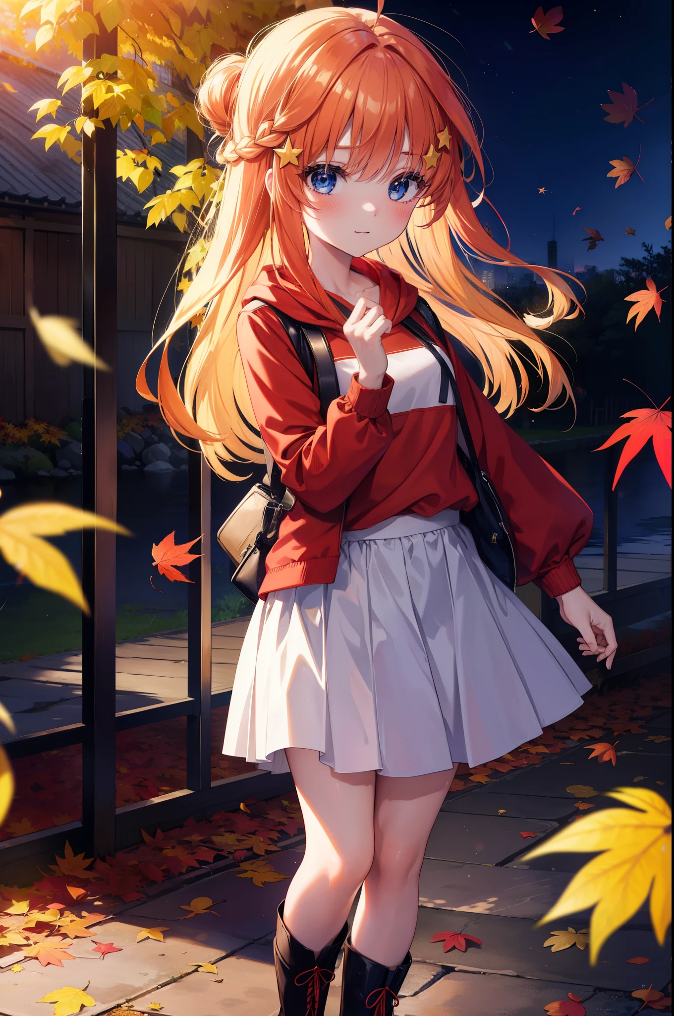 itsukinakano, Itsuki Nakano, bangs, blue eyes, hair between eyes, Ahoge, redhead, star \(symbol\), hair ornaments, star hair ornaments,smile,blush,short braided hair,long hair,Red hoodie,white long skirt,short boots,Tsukimi,moonlight,night,Autumn leaves are scattered,walking,Autumn foliage season,autumn,
break outdoors, garden,
break (masterpiece:1.2), highest quality, High resolution, unity 8k wallpaper, (figure:0.8), (detailed and beautiful eyes:1.6), highly detailed face, perfect lighting, Very detailed CG, (perfect hands, perfect anatomy),