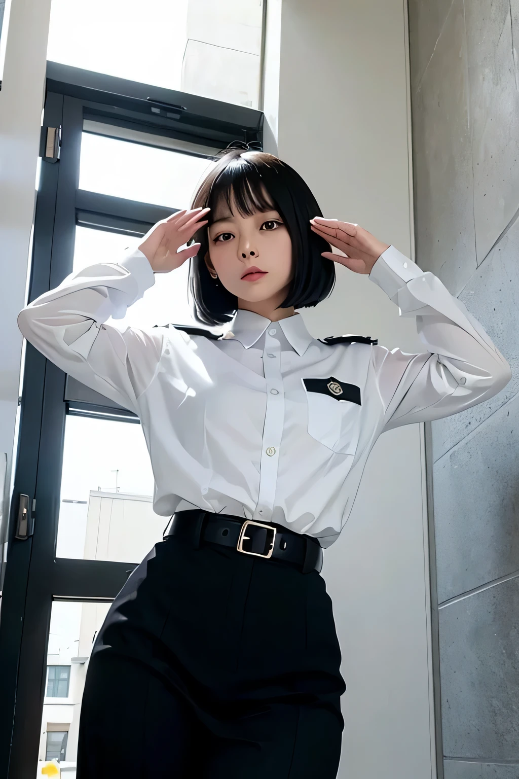 salute、white blouse、uniform、beautiful policewoman、black bob hair、((whole body))、(((photo taken from below)))、city
