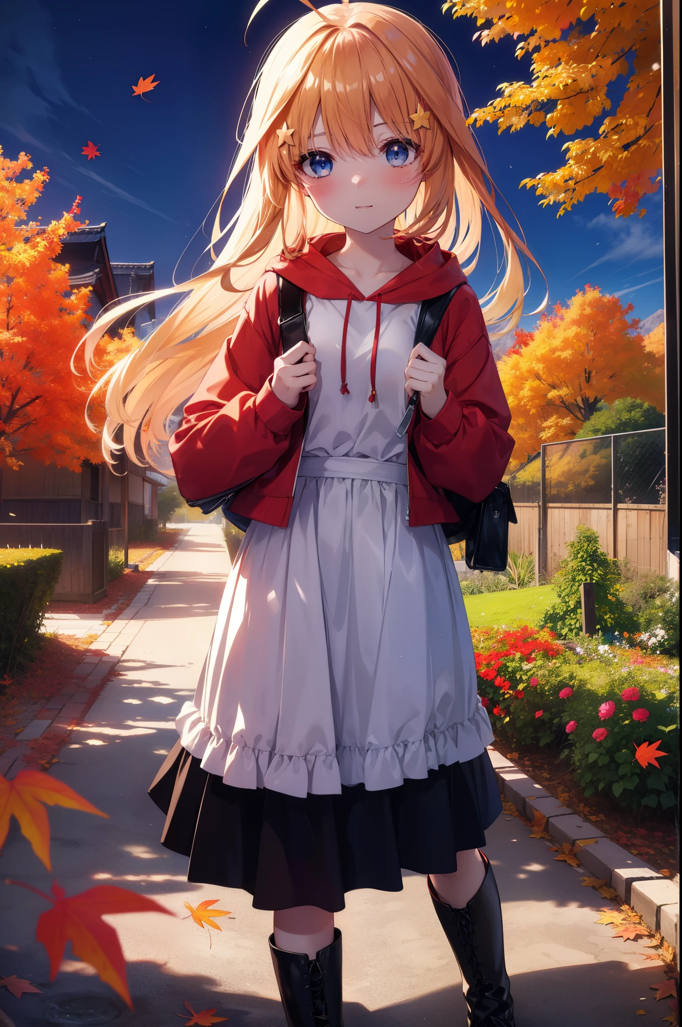 itsukinakano, Itsuki Nakano, bangs, blue eyes, hair between eyes, Ahoge, redhead, star \(symbol\), hair ornaments, star hair ornaments,smile,blush,short braided hair,long hair,Red hoodie,white long skirt,short boots,Tsukimi,moonlight,night,Autumn leaves are scattered,walking,Autumn foliage season,autumn,
break outdoors, garden,
break (masterpiece:1.2), highest quality, High resolution, unity 8k wallpaper, (figure:0.8), (detailed and beautiful eyes:1.6), highly detailed face, perfect lighting, Very detailed CG, (perfect hands, perfect anatomy),