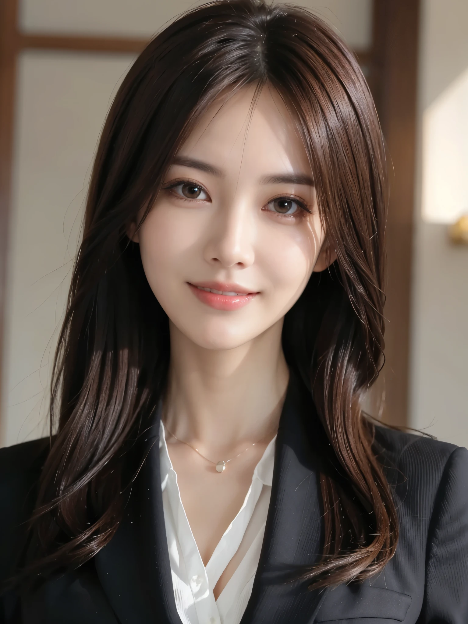 masutepiece, Best Quality, Photorealistic, Ultra-detailed, finely detail, High resolution, 8K Wallpaper, 1 beautiful woman,, light brown messy hair, in a business suit, sharp focus, Perfect dynamic composition, Beautiful detailed eyes, detailed hairs, Detailed realistic skin texture, Smiling, Close-up portrait, Model body type