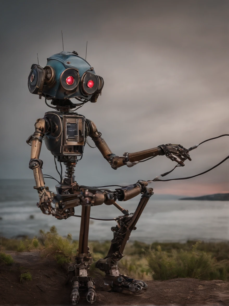 Create a complete mechanical puppet, legs and arms assembled from simulated studio equipment, a pair of headphones, neon eyes, Charming face