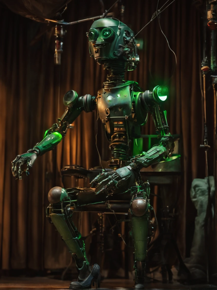 Create a complete mechanical puppet, legs and arms assembled from simulated studio equipment, a pair of headphones, neon eyes, Charming face