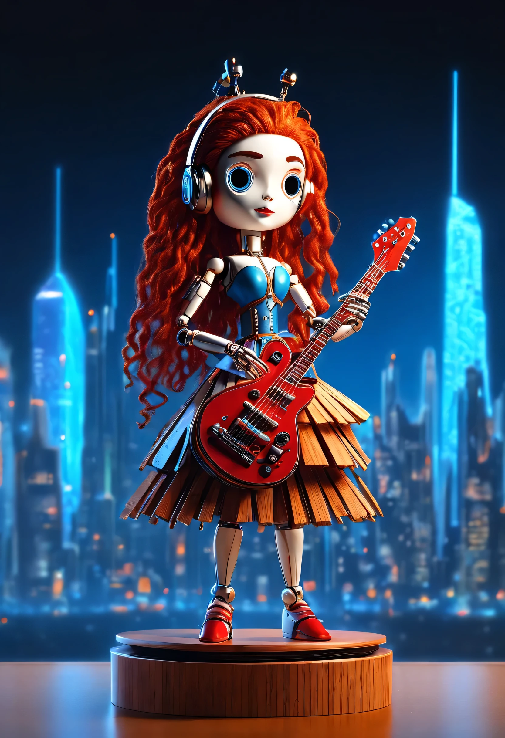 Micro-mechanical doll design，（whole body），（Mechanical doll playing electric guitar）, robot character, Beautiful and meticulous，Mechanical clockwork，gear，（Wooden mechanism base），Motion ray tracing，Glass music box wooden rotating base：0.9），Extra long red double braided hair，blue and orange skirt，Dynamic，dance，8k，Ultra-fine，lifelike，high resolution，（Background holographic cyberpunk future modern city night scene）