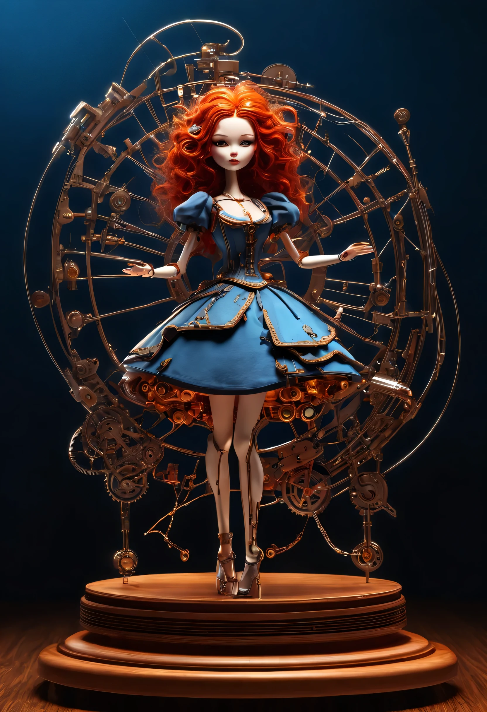 role conception, Mechanical doll design.
(whole body), (Mechanical doll standing on musical mechanical music box), Exquisite and complex machinery, clockwork, gear, Mobile equipment, machine, Exquisite and detailed, wire pull finger, Lots and lots of wires hanging from the sky，Connected to fingers and slender legs, (Ray tracing wraps around glass music box&#39;s wooden rotating base), Cute and beautiful face, Extra long red double braided hair, blue and orange skirt, Slender mechanical wooden arms and legs, 8k, Ultra-fine, actual, high resolution, Ray tracing, background: Future cyberpunk science fiction concert hall