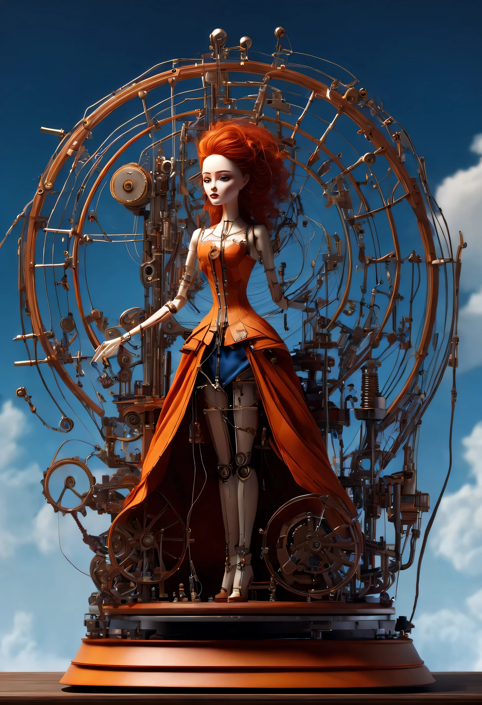 role conception, Mechanical doll design.
(whole body), (Mechanical doll standing on musical mechanical octave), Exquisite and complex machinery, clockwork, gear, Mobile equipment, machine, Exquisite and detailed, wire pull finger, Slender, intricate and precise mechanical wooden arms and legs, (So many wires hanging from the sky，Connected to fingers and slender legs: 1.3), (Ray tracing环绕音乐盒的玻璃木质旋转底座), Cute and beautiful face, Extra long red double braided hair, blue and orange skirt, 8k, Ultra-fine, actual, high resolution, Ray tracing, background: Future cyberpunk science fiction concert hall