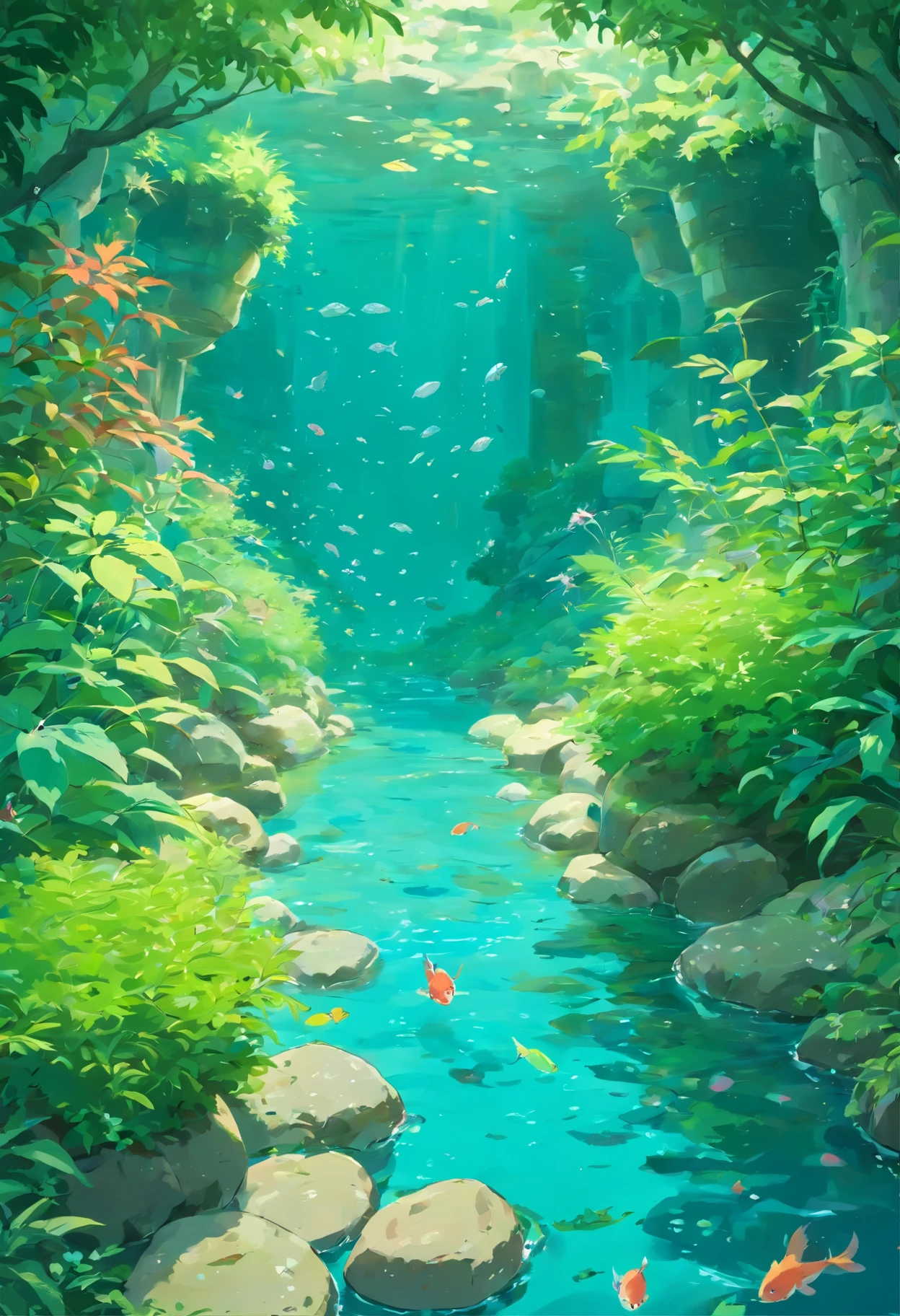 A small river, some small fishes under the water, some green plants growing outside of the pound,