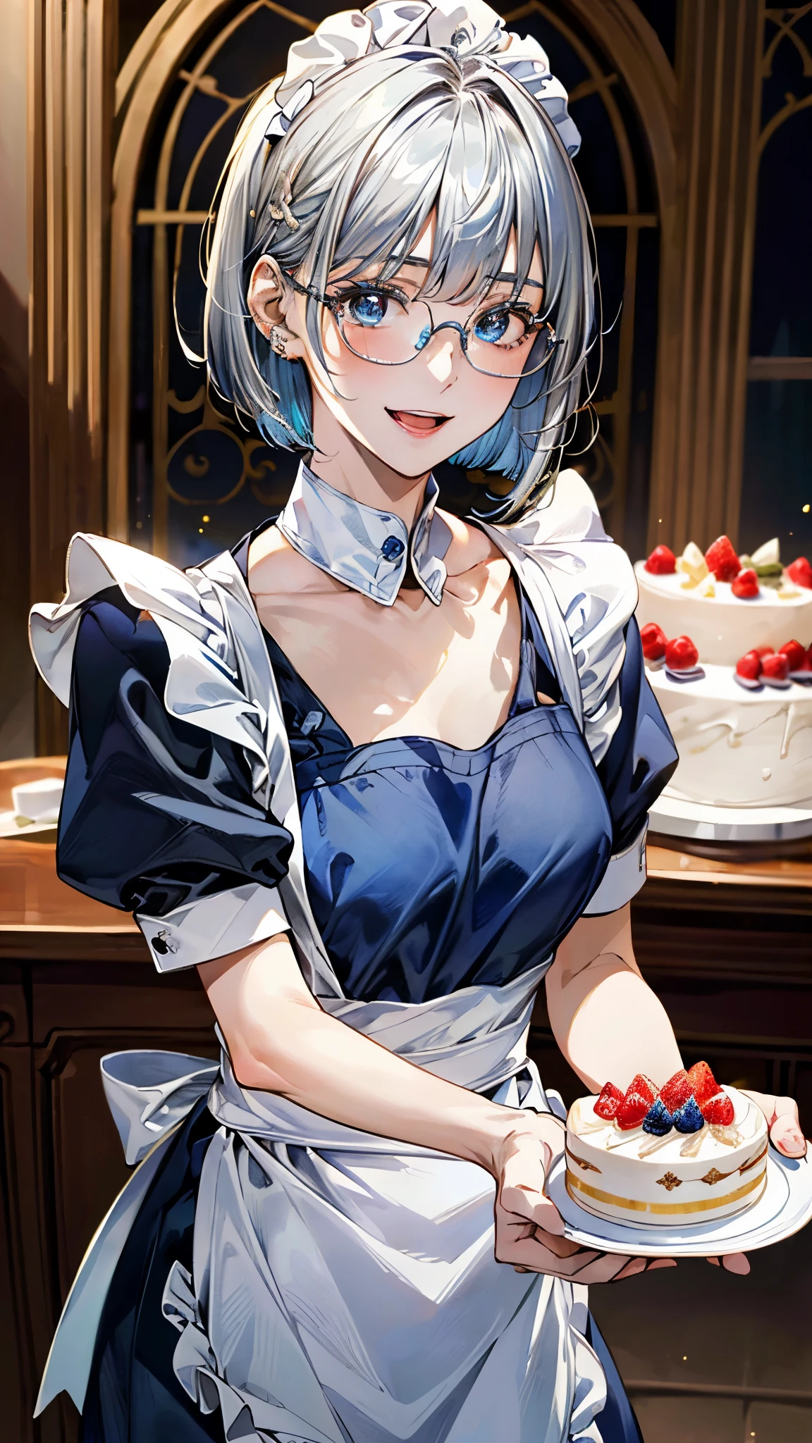 (masterpiece:1.2, top-quality, ultra high res, ultra detailed), (realistic, photorealistic:1.4), beautiful illustration, (natural side lighting, movie lighting),
looking at viewer, (face focus, upper body)1 girl, japanese, (cake craftsman), 15 years old, perfect face, (perfect anatomy), cute and symmetrical face, baby face, shiny skin, slender
(short hair:0.8, bob cut:1.5, silver hair), blunt bangs, hair between eyes, blue eyes, big eyes, drooping eyes, long eye lasher, (medium breasts),
beautiful hair, beautiful face, beautiful detailed eyes, beautiful clavicle, beautiful body, beautiful chest, beautiful thigh, beautiful legs,
((detailed cloth texture, metallic blue apron maid, blue stripe shirt, white collar, white maid apron), metallic blue-rimmed glasses), ,
(beautiful scenery), evening, IvoryGoldAI, (cake shop), standing, (lovely smile, upper eyes, open mouth small,),