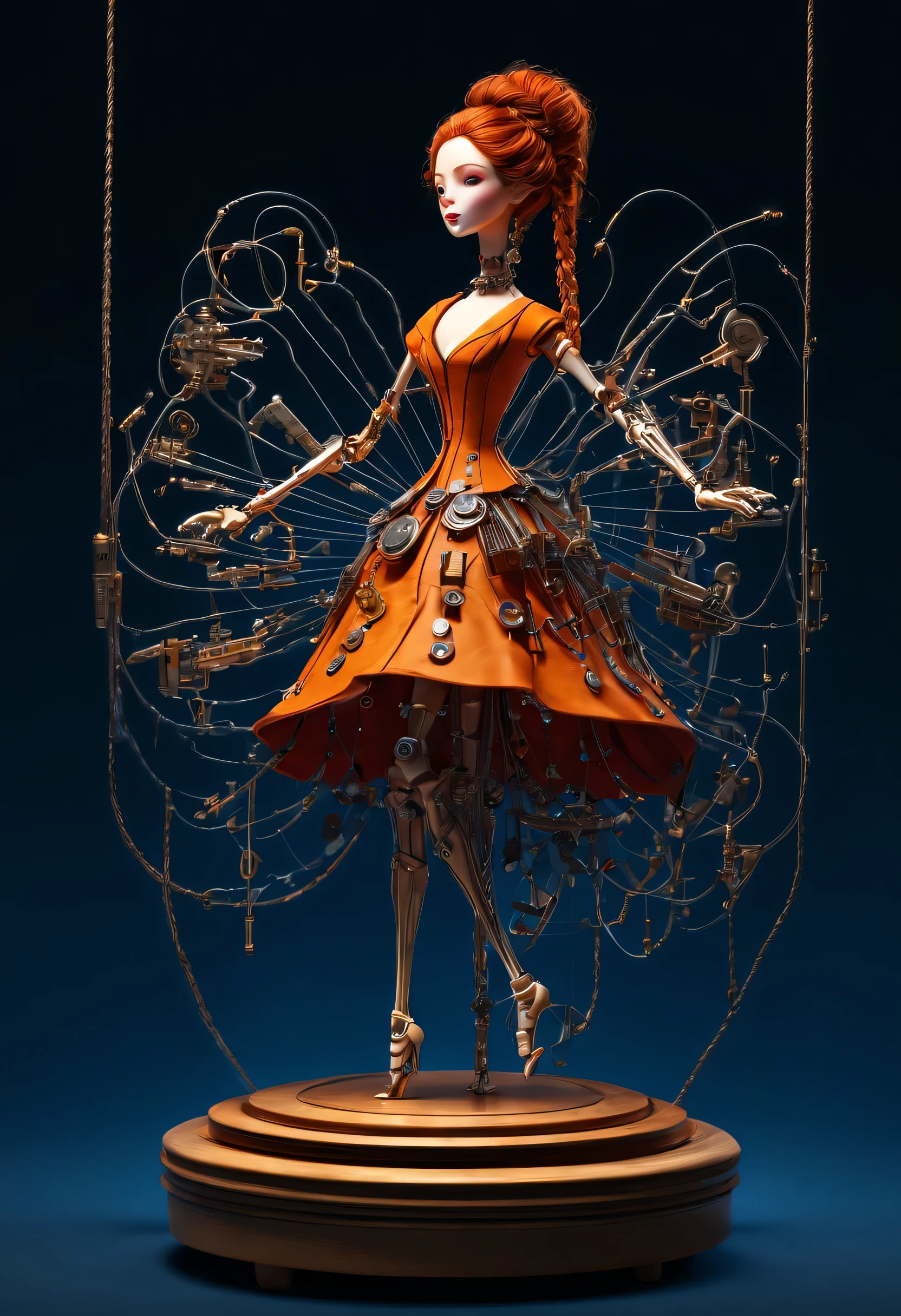 role conception, Mechanical doll design.
(whole body), (Mechanical doll standing on glass music box), Exquisite and complex machinery, clockwork, gear, Mobile equipment, machine, Beautiful and meticulous, wire pull finger, Long, complex and precise mechanical wooden arms and legs, (Lots and lots of wires hanging from the sky,Connected to fingers and slender legs: 1.3), (Ray tracing环绕玻璃Wooden swivel base for music box), Cute and beautiful face, Extra long red double braided hair, blue and orange dress, 8k, Ultra-fine, actual, high resolution, 8k, Ultra-fine, actual, blue and orange dress. Wooden swivel base for music box), Cute and beautiful face, Extra long red double braided hair, blue and orange skirt, 8k, Ultra-fine, actual, high resolution, Ray tracing, background: Future cyberpunk science fiction concert hall