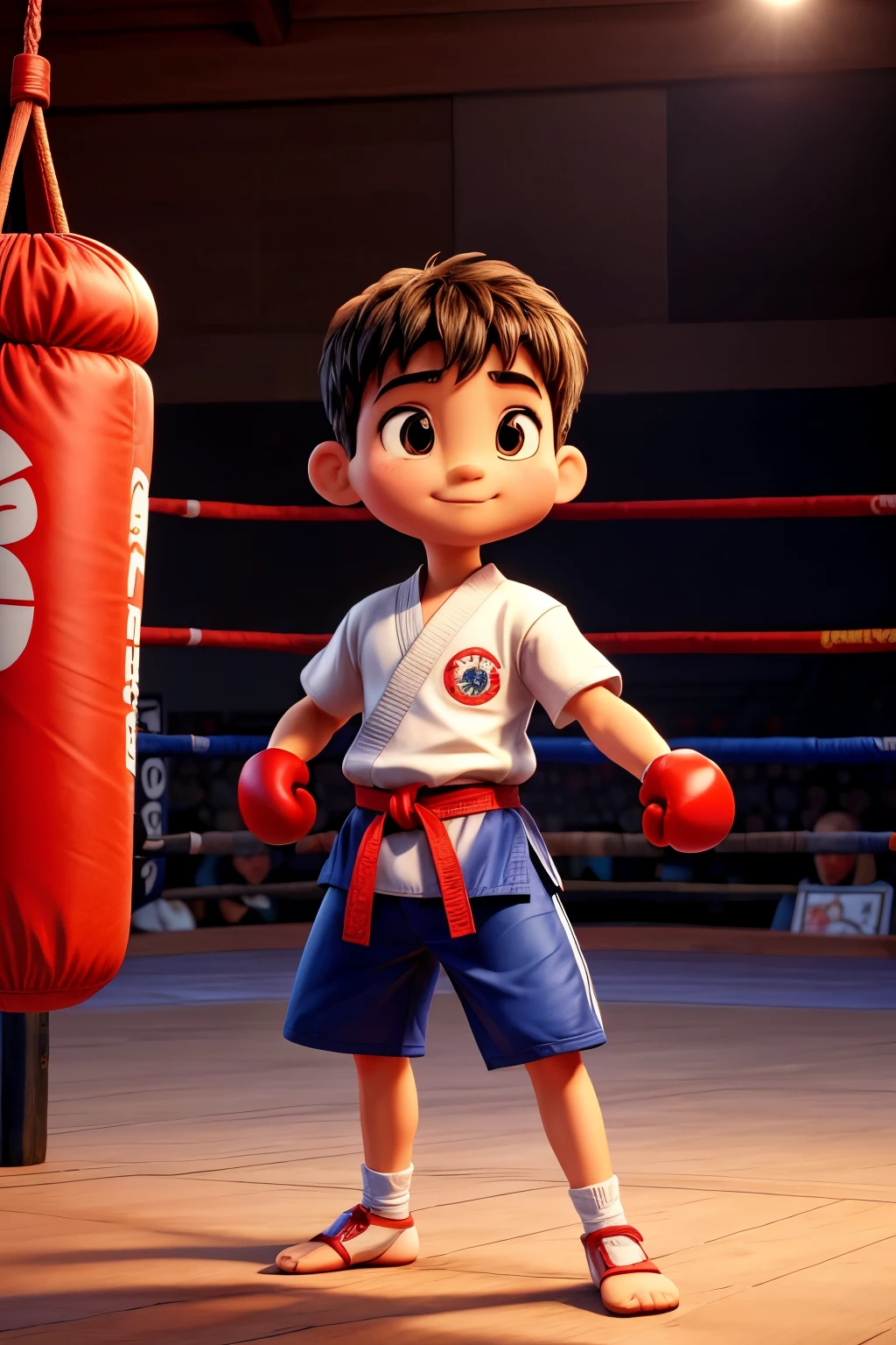 Imitate the picture above，Draw a child who practices martial arts and is boxing，cartoon style