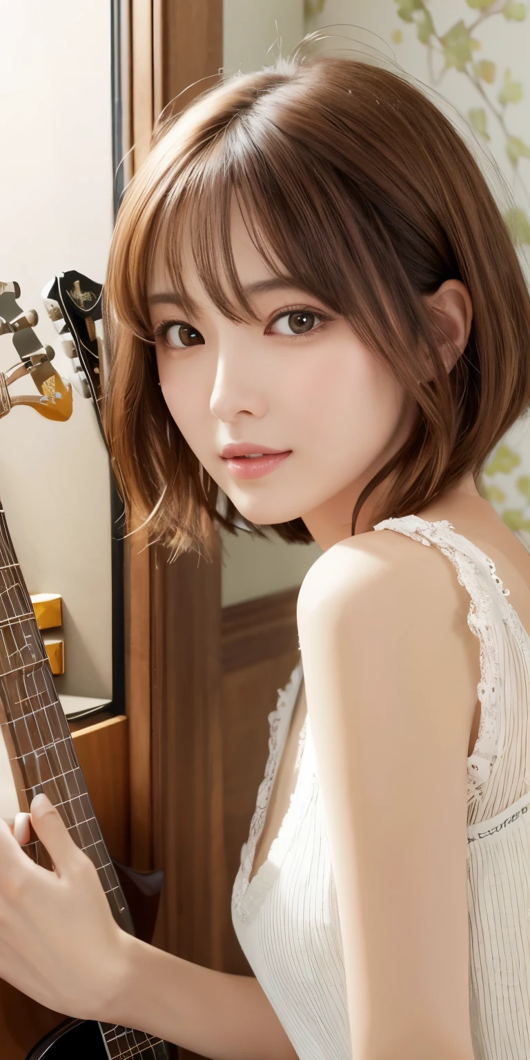 masterpiece、highest quality、High resolution、table top、wallpaper、realistic、bright lighting、professional lighting、face light、smooth lighting、japanese woman、adult、Beautiful woman、acted、gravure、sexy、poor、super beautiful、beautiful skin、beautiful and detailed eyes、detailed face、slim、medium、short hair、brunette colored hair、brown eyes、look at the camera、play the guitar、