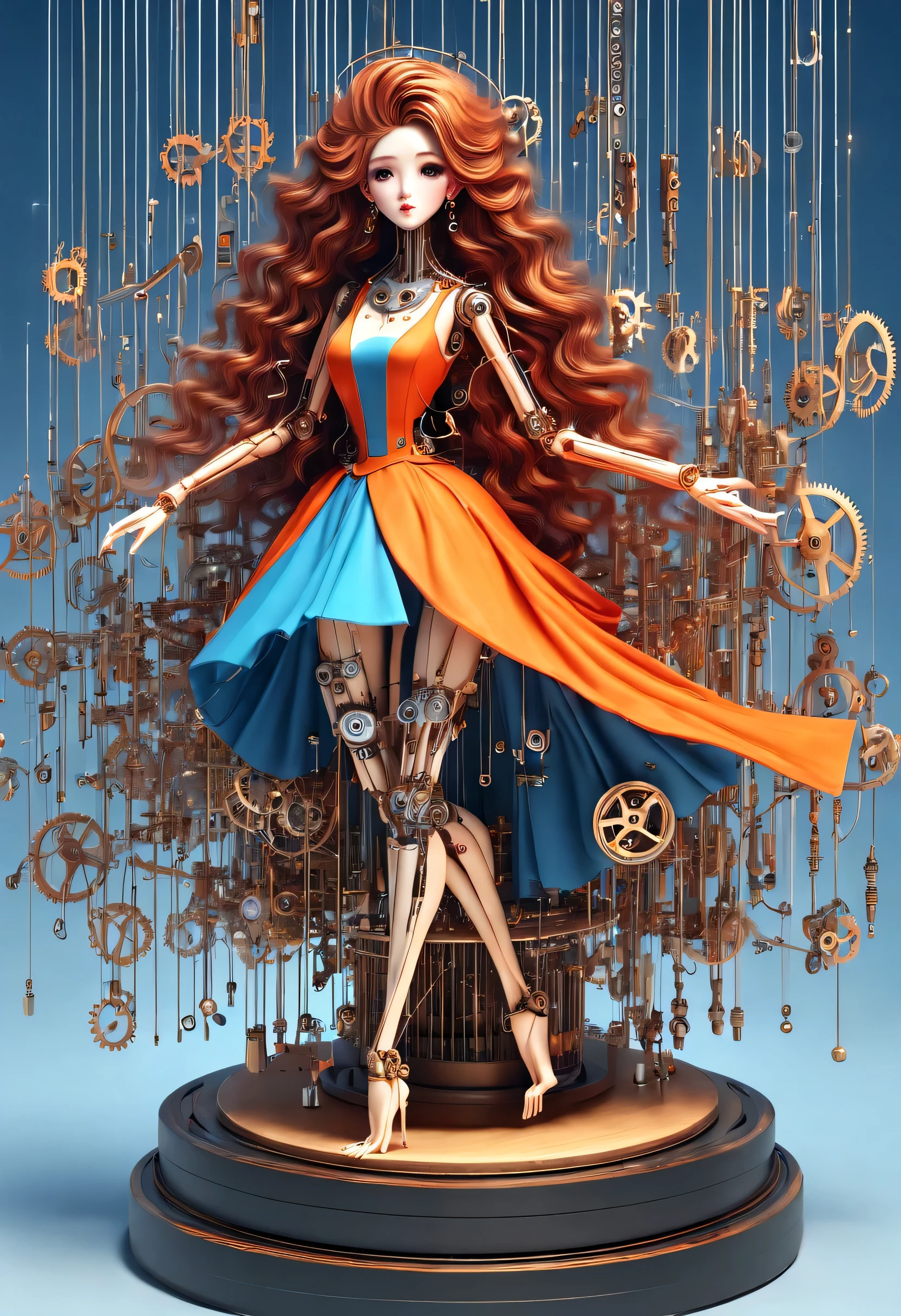 role conception, Mechanical doll design.
(whole body), (Mechanical doll standing on glass music box), Exquisite and complex machinery, clockwork, gear, Mobile equipment, machine, Beautiful and meticulous, wire pull finger, Long, complex and precise mechanical wooden arms and legs, (Lots and lots of wires hanging from the sky,Connected to fingers and slender legs: 1.3), (Ray tracing环绕玻璃Wooden swivel base for music box), Cute and beautiful face, Extra long red double braided hair, blue and orange dress, 8k, Ultra-fine, actual, high resolution, 8k, Ultra-fine, actual, blue and orange dress. Wooden swivel base for music box), Cute and beautiful face, Extra long red double braided hair, blue and orange skirt, 8k, Ultra-fine, actual, high resolution, Ray tracing, background: Future cyberpunk science fiction concert hall