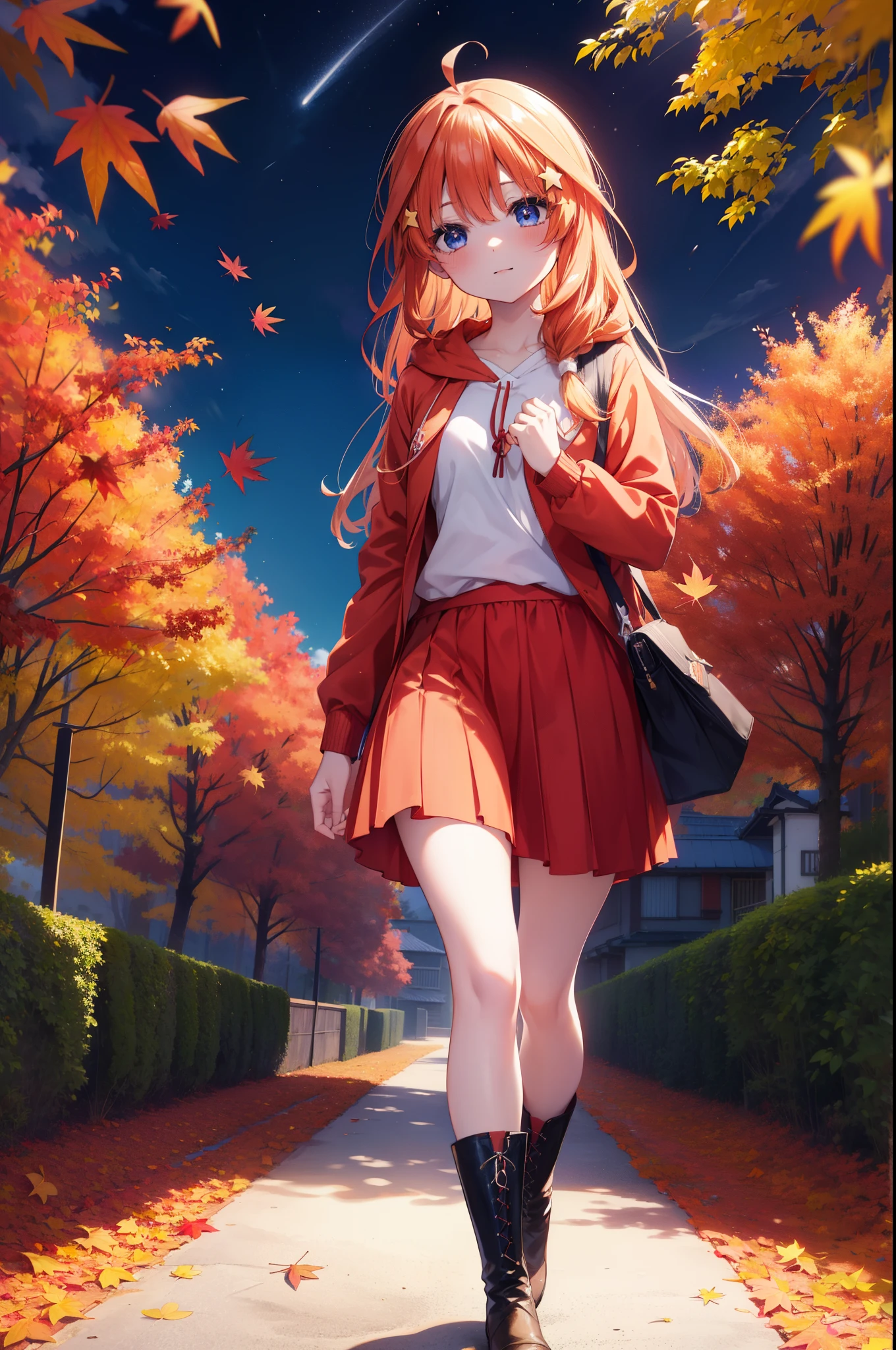 itsukinakano, Itsuki Nakano, bangs, blue eyes, hair between eyes, Ahoge, redhead, star \(symbol\), hair ornaments, star hair ornaments,smile,blush,short braided hair,long hair,Red hoodie Closing the front,white long skirt,short boots,Tsukimi,moonlight,night,Autumn leaves are scattered,walking,Autumn foliage season,autumn,
break outdoors, garden,
break (masterpiece:1.2), highest quality, High resolution, unity 8k wallpaper, (figure:0.8), (detailed and beautiful eyes:1.6), highly detailed face, perfect lighting, Very detailed CG, (perfect hands, perfect anatomy),