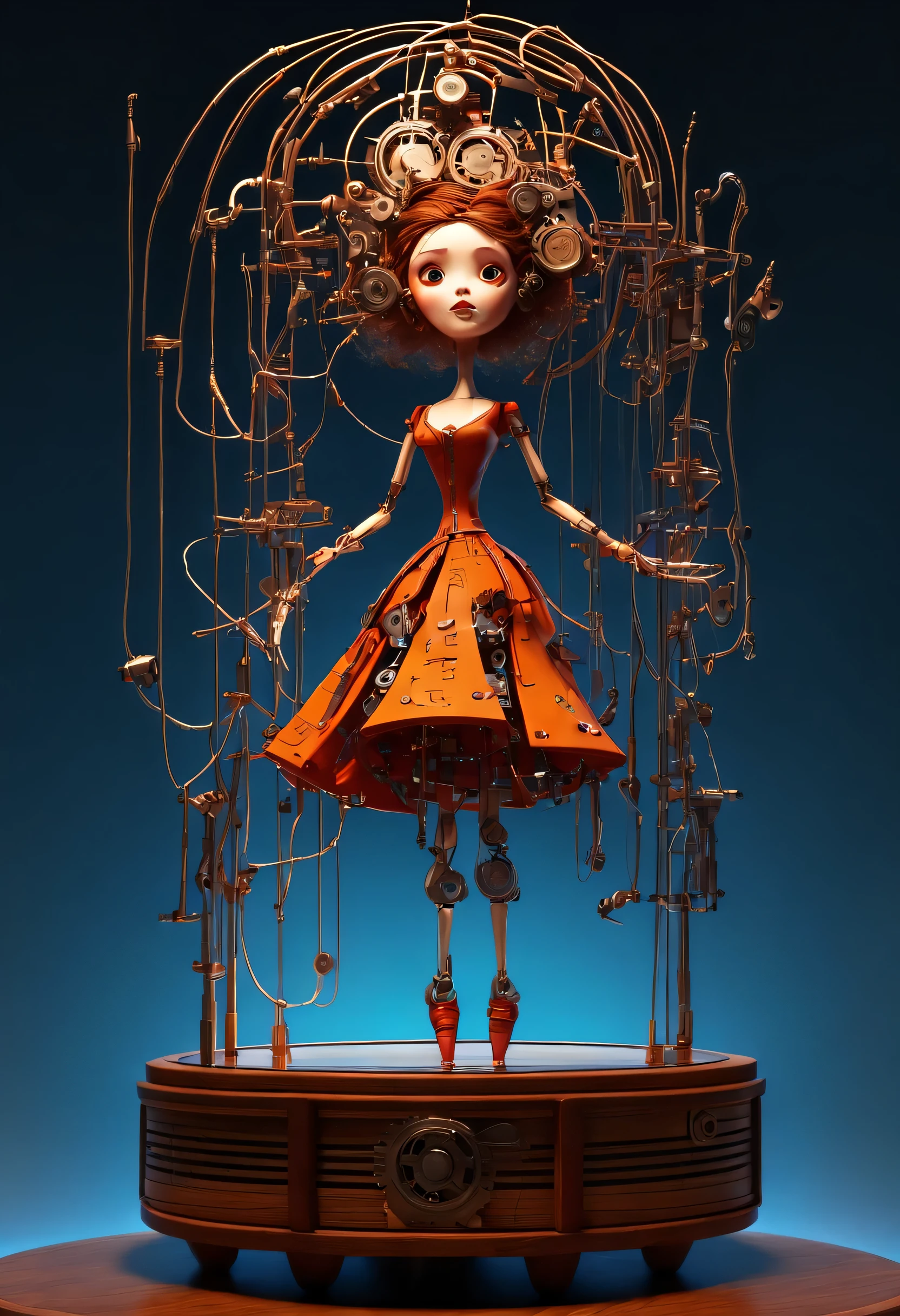 role conception, Mechanical doll design.
(whole body), (Mechanical doll standing on glass music box), wire pull finger, Slender precision machined wooden hands and feet, (Lots and lots of wires hanging from the sky,Connected to fingers and slender legs: 1.3), (light trails surround the wooden rotating base of the glass music box), Cute and beautiful cartoon face, Extra long red two-strand braid, blue and orange skirt, Exquisite and detailed, simple machine, clockwork, gear, Motorized device, machine, background: futuristic cyberpunk sci-fi concert hall Exquisite and detailed.
8k, super detailed, actual, high resolution, Ray tracing.