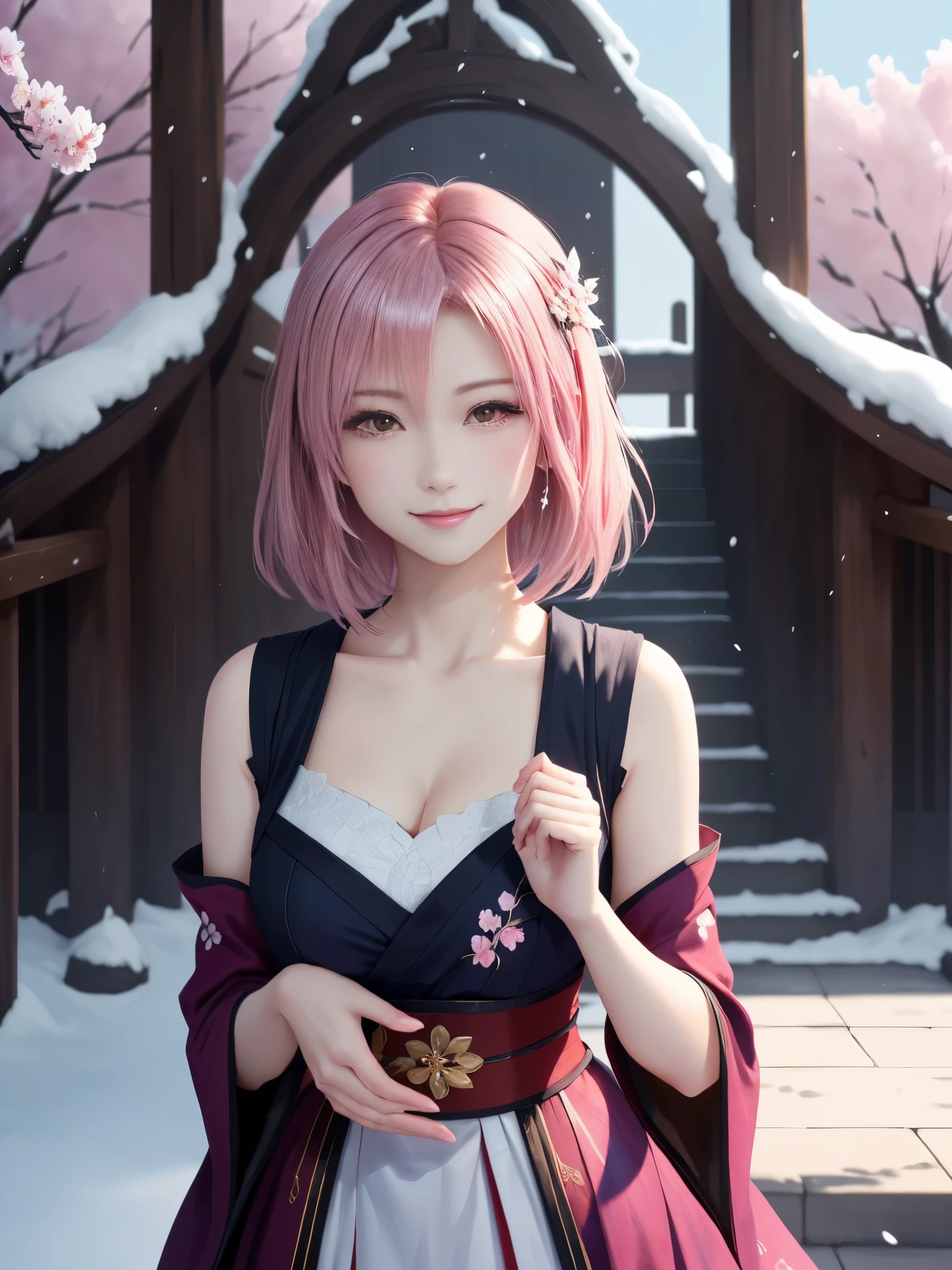 masterpiece , best quality,smile,smile,small face,shoulder exposure,less cleavage exposure,light pink hair,slender body shape,brown eyes,sharp contrast,short hair,Beautiful short hair,Berry Short,short cut hair,just one person,precision quality,Faithfully reproduced eyes, 一面に咲くcherry blossom background,snow scene,masterpiece, 幻想的なcherry blossom background,night,nightの背景,cherry blossom background,beautiful details, colorful, delicate details, delicate lips, intricate details, genuine, ultrargenuineista, 枝に座っている色とりどりの髪のFoxを持つ女の子:Mature, bright eyes, ,色とりどりのFox, raposa de nine tails, 三尾Fox, 三尾Fox, onmyoji detail art, beautiful fine art illustration, mythical creatures, Fox, beautiful digital art,shrine maiden,hold hands,exquisite digital illustration, mizutsune, Inspired by mythical wild web creatures, pixiv in digital art, shining light, high contrast, Mysterious,