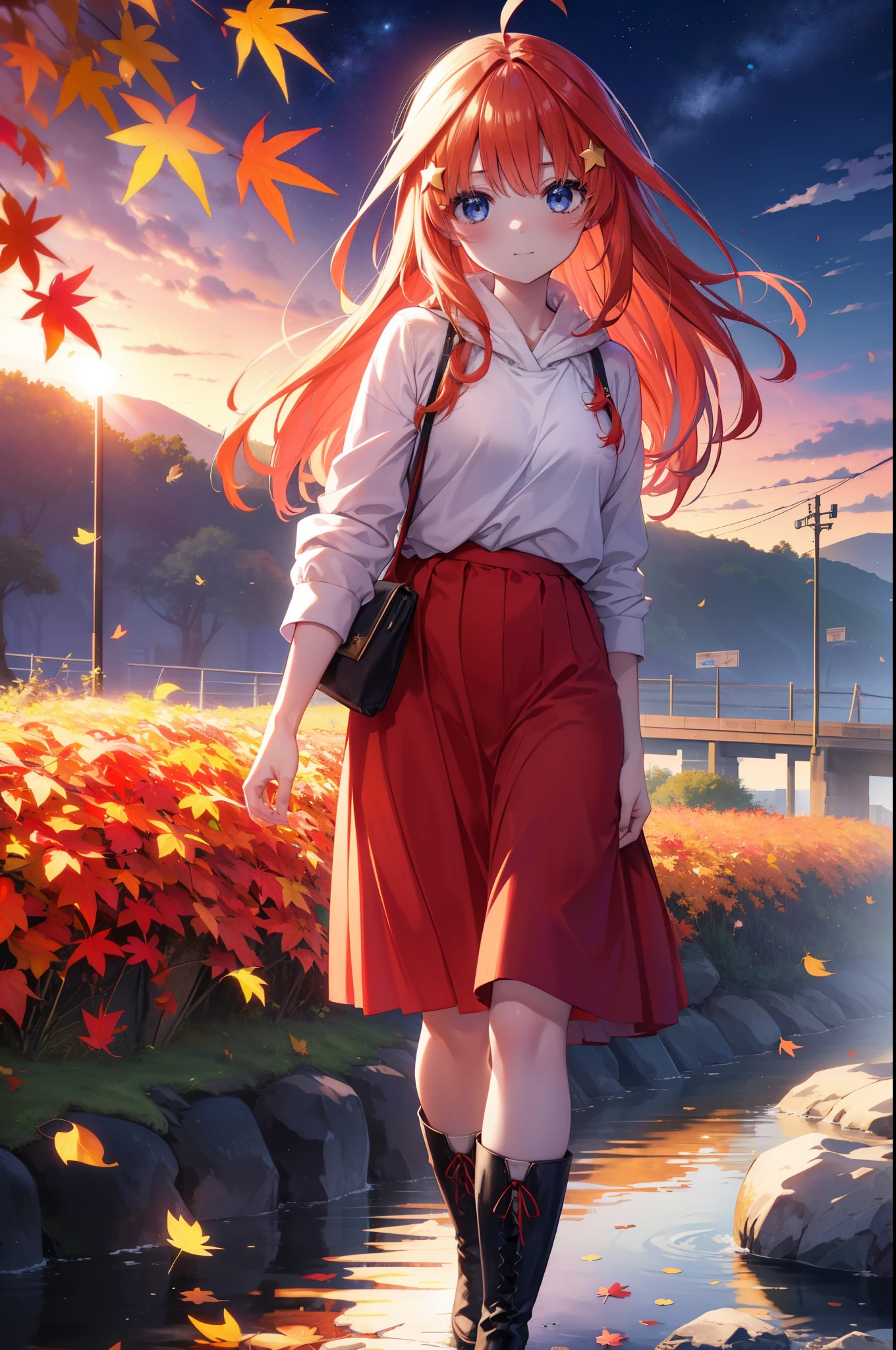 itsukinakano, Itsuki Nakano, bangs, blue eyes, hair between eyes, Ahoge, redhead, star \(symbol\), hair ornaments, star hair ornaments,smile,blush,short braided hair,long hair,Red hoodie Closing the front,white long skirt,short boots,Tsukimi,moonlight,night,Autumn leaves are scattered,walking,Autumn foliage season,autumn,
break outdoors, garden,
break (masterpiece:1.2), highest quality, High resolution, unity 8k wallpaper, (figure:0.8), (detailed and beautiful eyes:1.6), highly detailed face, perfect lighting, Very detailed CG, (perfect hands, perfect anatomy),