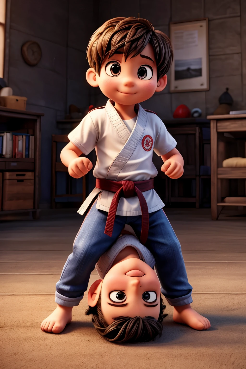 Imitate the picture above,Draw a child practicing martial arts lying on the ground,cartoon style