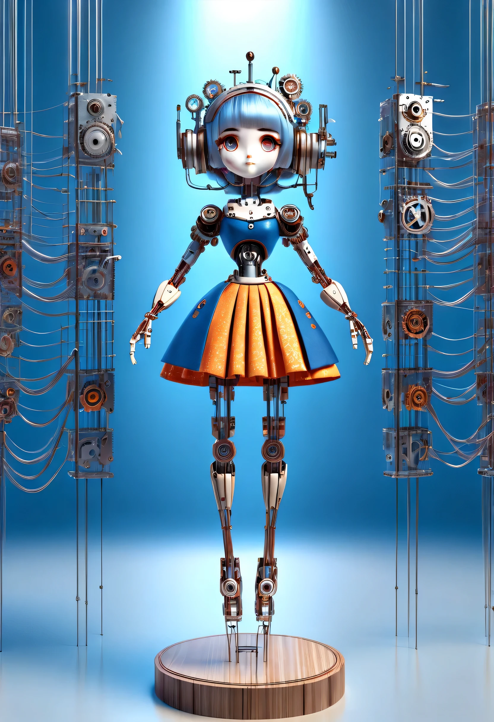 role conception, Mechanical doll design.
(whole body), (Mechanical doll standing on glass music box), wire pull finger, Slender precision machined wooden hands and feet, (Lots and lots of wires hanging from the sky，Connected to fingers and slender legs: 1.3), (light trails surround the wooden rotating base of the glass music box), Cute and beautiful cartoon face, Extra long red two-strand braid, blue and orange skirt, Exquisite and detailed, simple machine, clockwork, gear, Motorized mechanism, machine, Beautiful and meticulous.
8k, super detailed, actual, high resolution, Ray tracing, background: Future cyberpunk science fiction concert hall