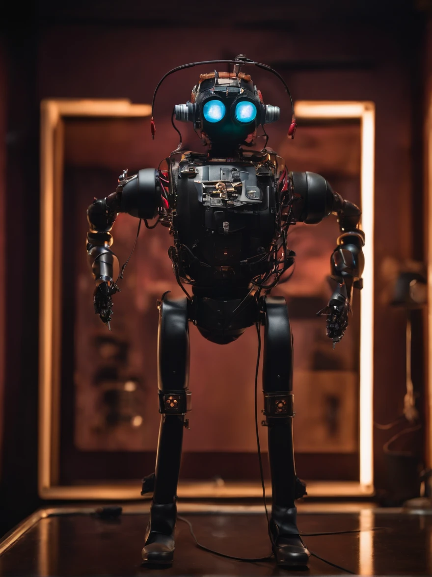 Create a complete mechanical puppet, legs and arms assembled from simulated studio equipment, a pair of headphones, neon eyes, Charming face