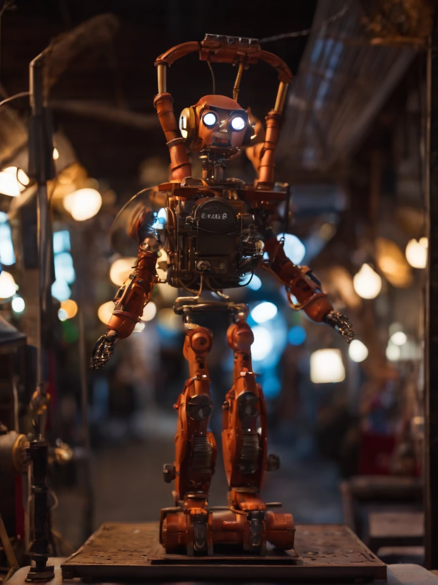 Create a complete mechanical puppet, legs and arms assembled from simulated studio equipment, a pair of headphones, neon eyes, Charming face