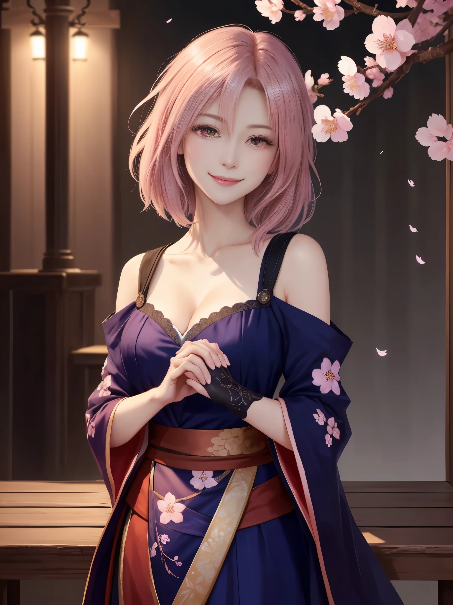 masterpiece , best quality,smile,smile,small face,shoulder exposure,less cleavage exposure,light pink hair,slender body shape,brown eyes,sharp contrast,short hair,Beautiful short hair,Berry Short,short cut hair,just one person,precision quality,Faithfully reproduced eyes, 一面に咲くcherry blossom background,snow scene,masterpiece, 幻想的なcherry blossom background,night,nightの背景,cherry blossom background,beautiful details, colorful, delicate details, delicate lips, intricate details, genuine, ultrargenuineista, 枝に座っている色とりどりの髪のFoxを持つ女の子:Mature, bright eyes, ,色とりどりのFox, raposa de nine tails, 三尾Fox, 三尾Fox, onmyoji detail art, beautiful fine art illustration, mythical creatures, Fox, beautiful digital art,shrine maiden,hold hands,exquisite digital illustration, mizutsune, Inspired by mythical wild web creatures, pixiv in digital art, shining light, high contrast, Mysterious,